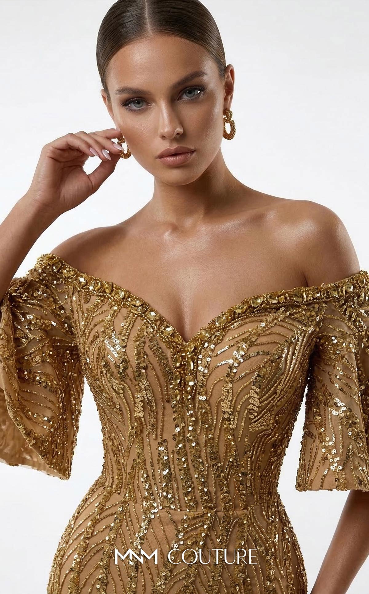 Off-the-Shoulder Floor-Length Sequin Evening Mermaid MNM Couture 2529A