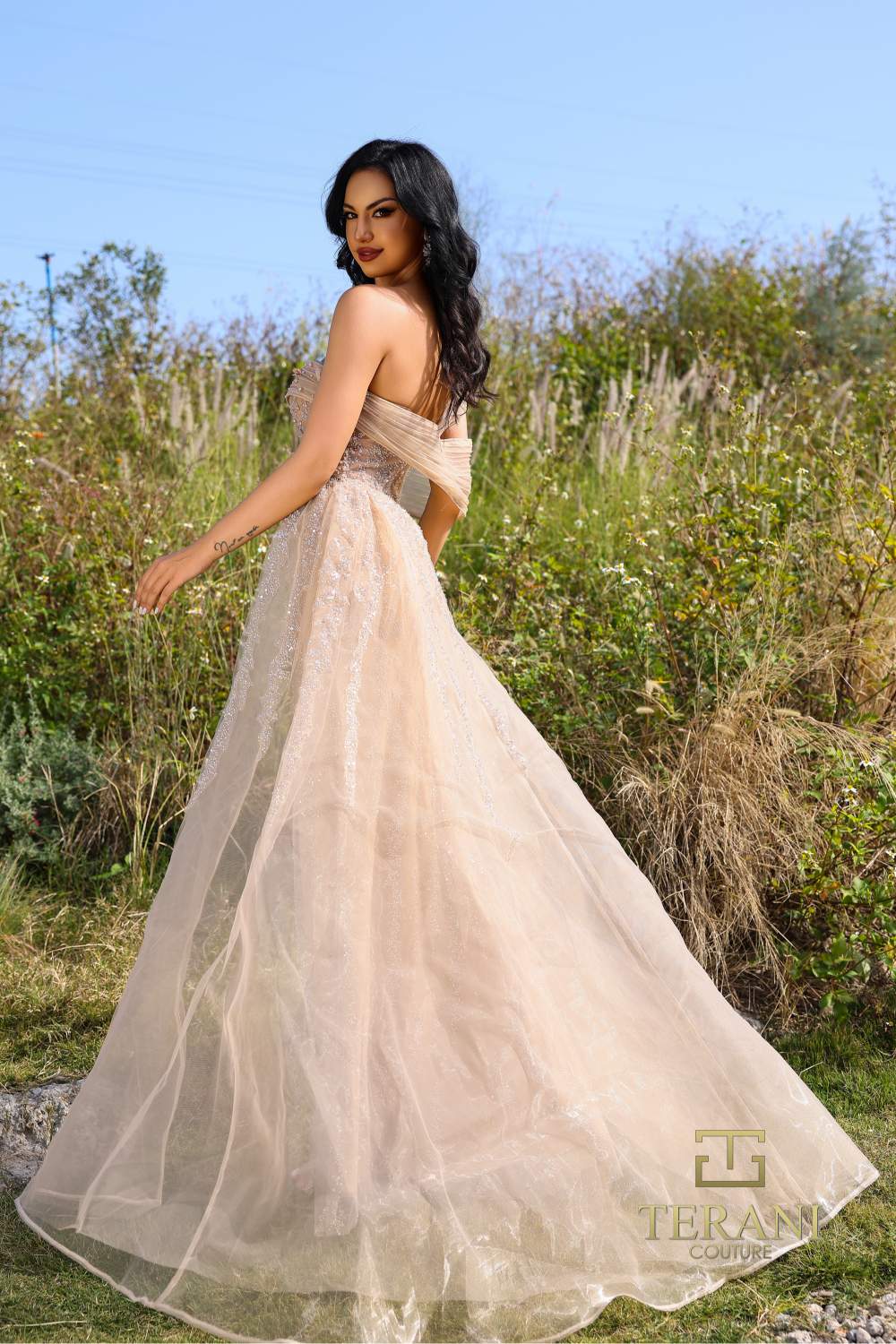 Formal Dresses Long Evening Fitted Formal Overskirt Dress Nude