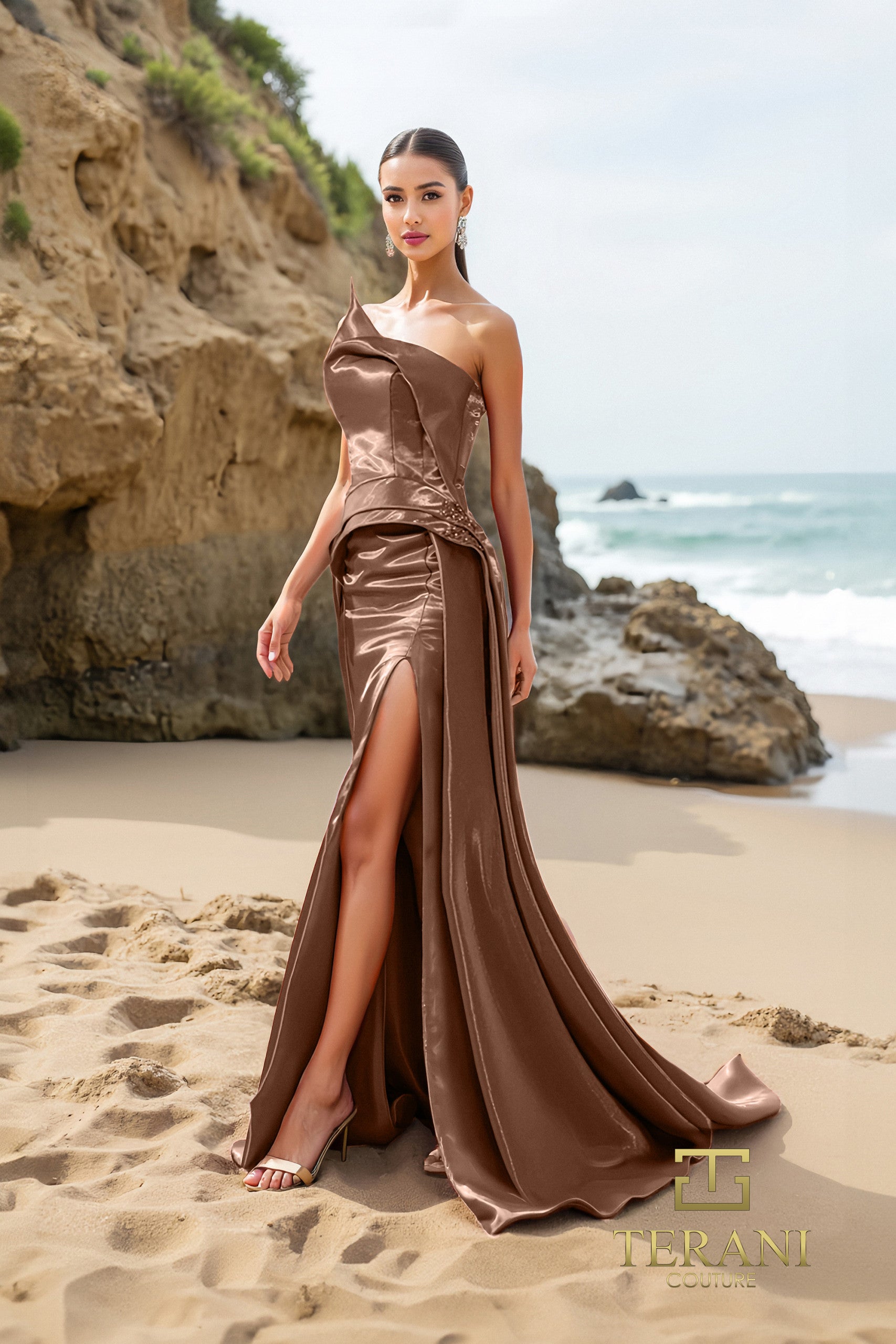 Formal Dresses Fitted Formal Slit Long Evening Dress Cognac