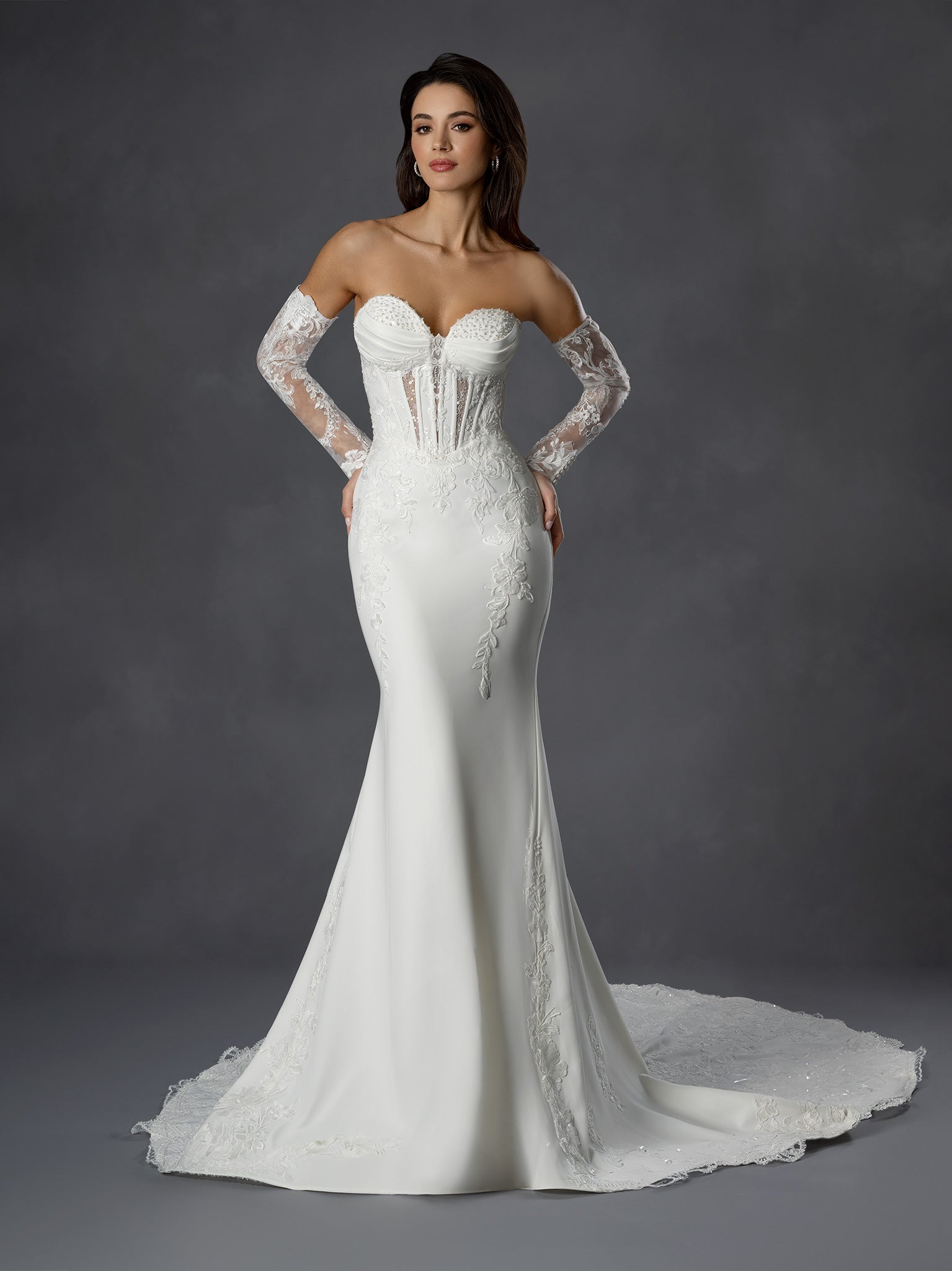 Off White Strapless Plunging Sweetheart Mermaid Bridal Gown with Corset Bodice and Lace Detailing