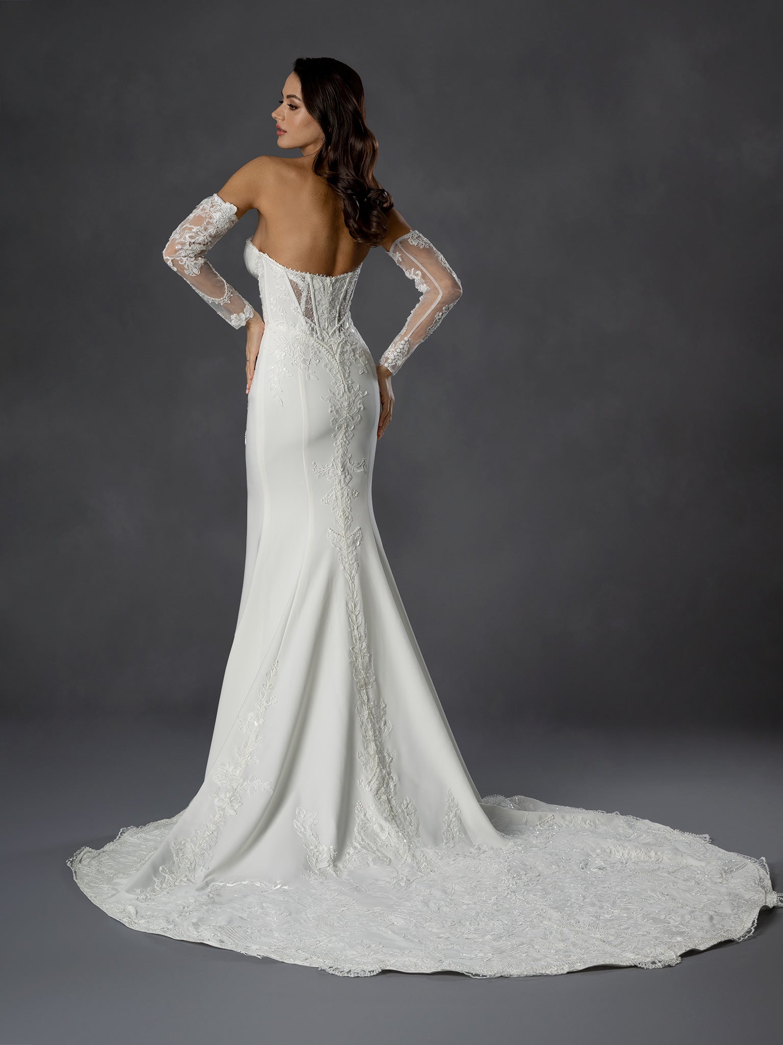 Off White Strapless Plunging Sweetheart Mermaid Bridal Gown with Corset Bodice and Lace Detailing
