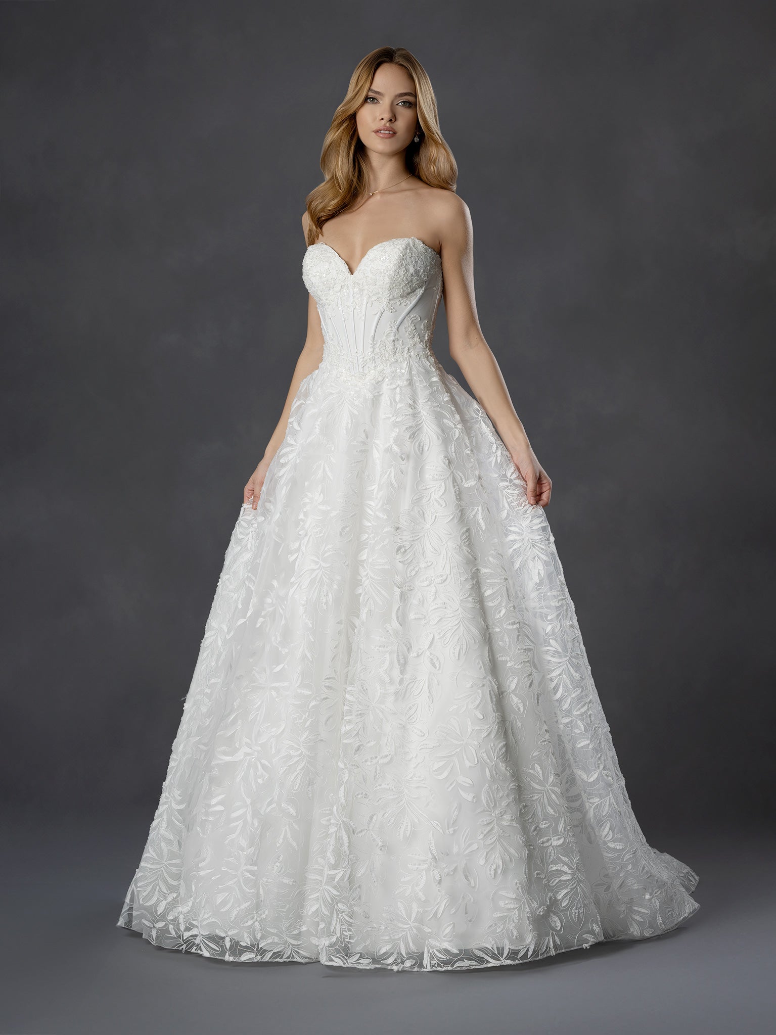 Off White Strapless Sweetheart Textured Floral Lace Ball Bridal Wedding Gown with Corset Bodice