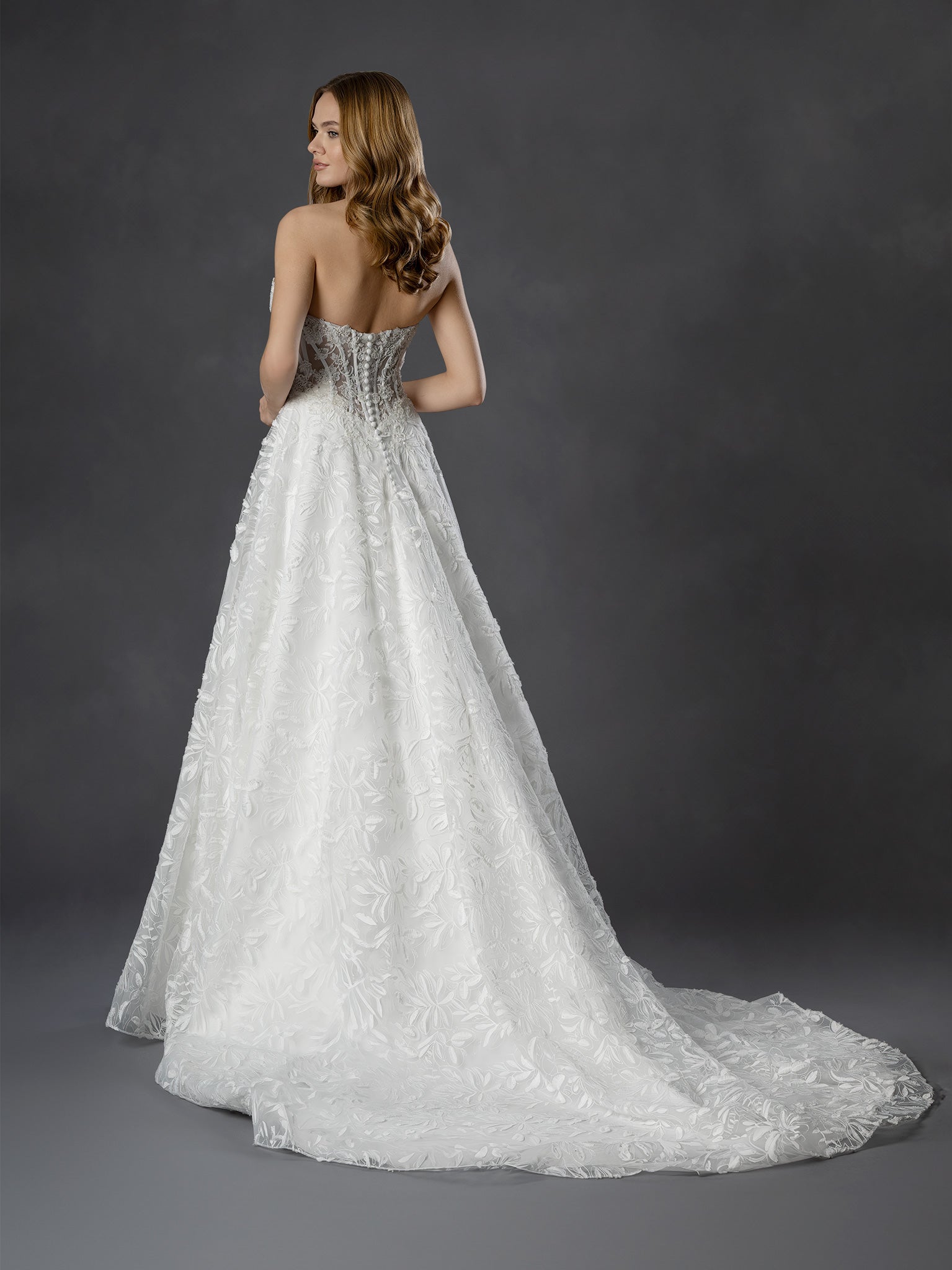 Off White Strapless Sweetheart Textured Floral Lace Ball Bridal Wedding Gown with Corset Bodice