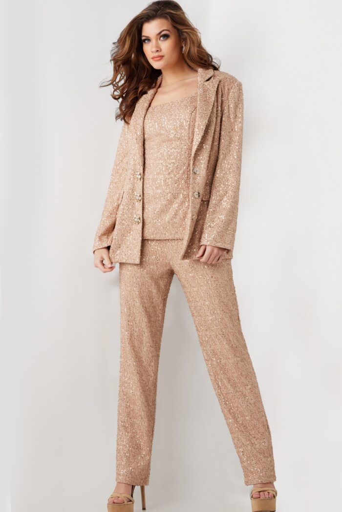 Pant Suit Long Fit Beaded Sequin Three Piece Formal Pant Suit Beige