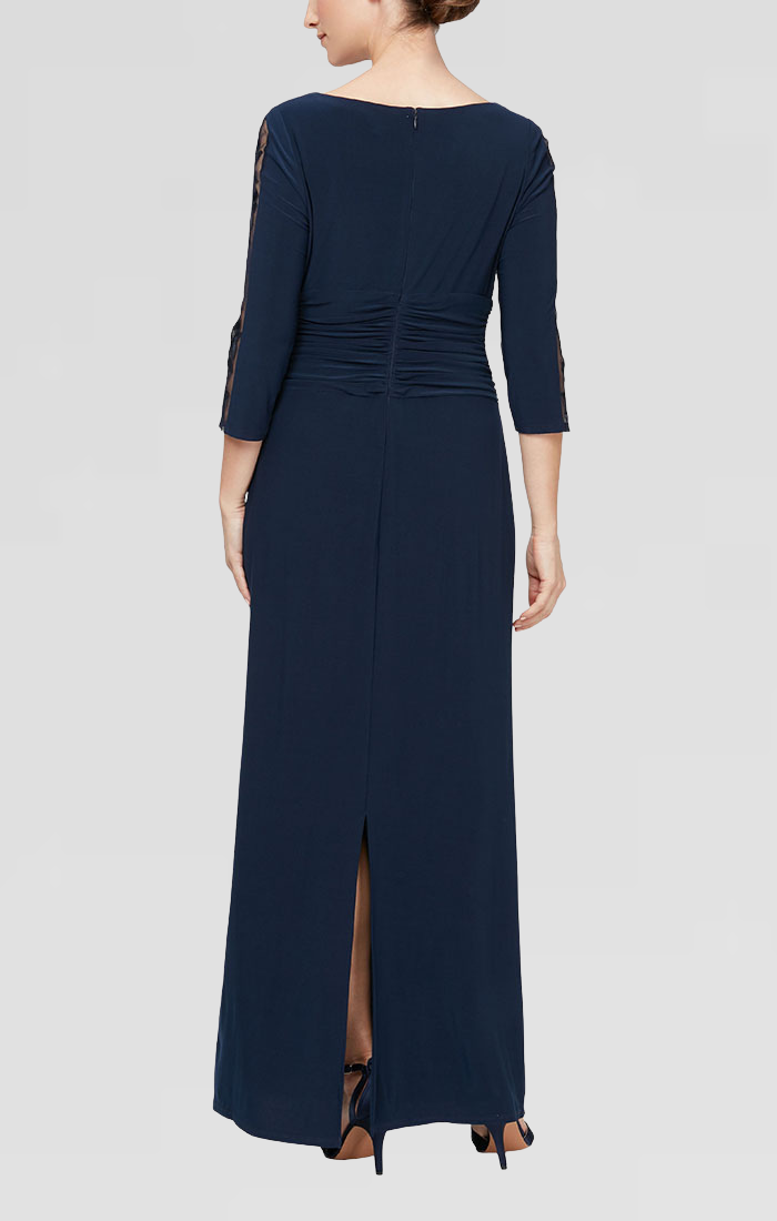 Navy Bateau Floor-Length Jersey Formal Gown with Embroidered Illusion Sleeves SL Fashions 9235221