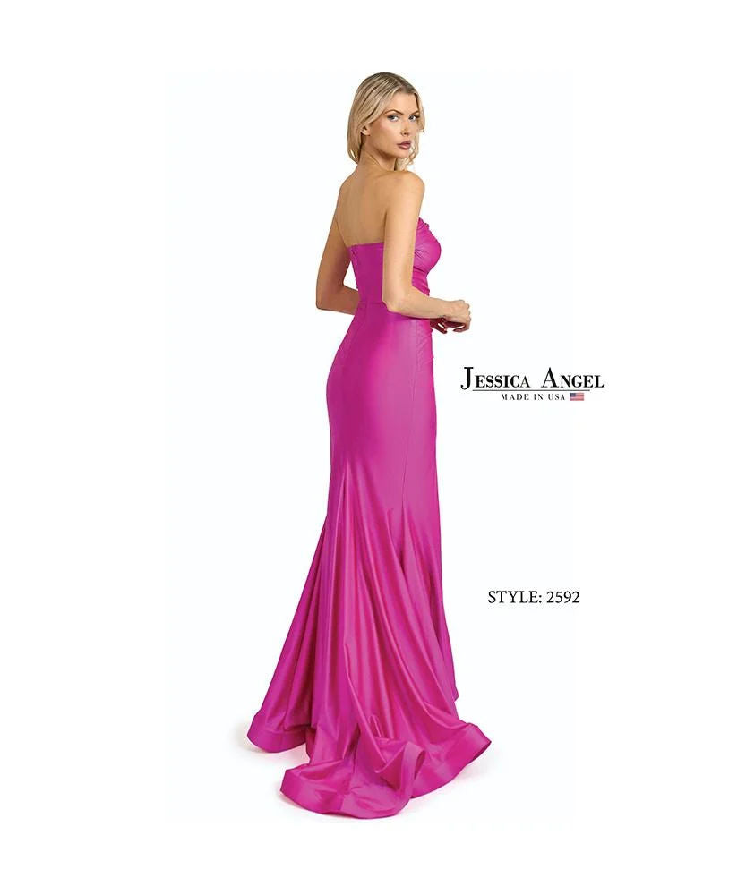 Fuchsia Strapless Floor-Length Satin Gown with High Slit Formal Gown Jessica Angel 2592