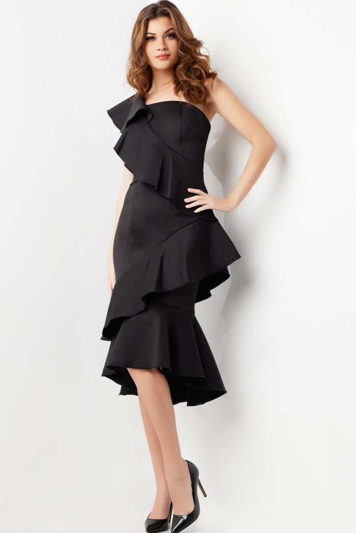 Cocktail Dresses Midi Length Ruffle Cocktail Dress Black