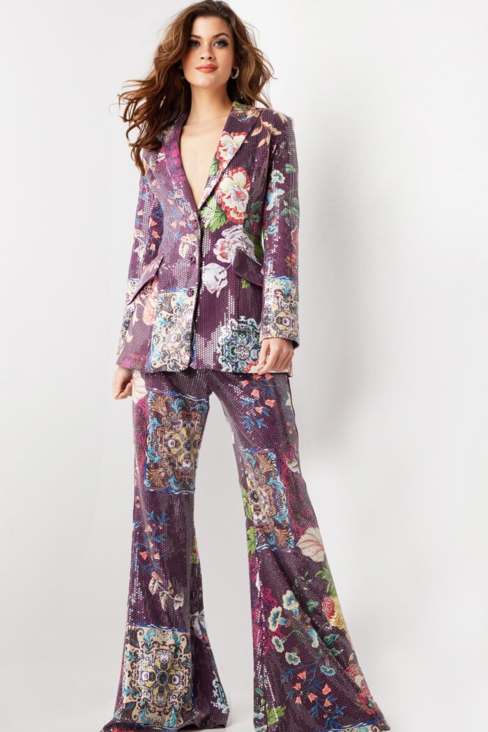 Pant Suit Sequin Long Floral Print Formal Pant Suit Multi
