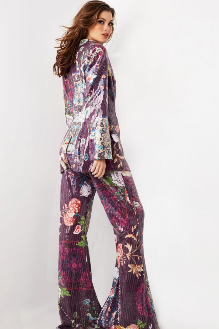 Pant Suit Sequin Long Floral Print Formal Pant Suit Multi
