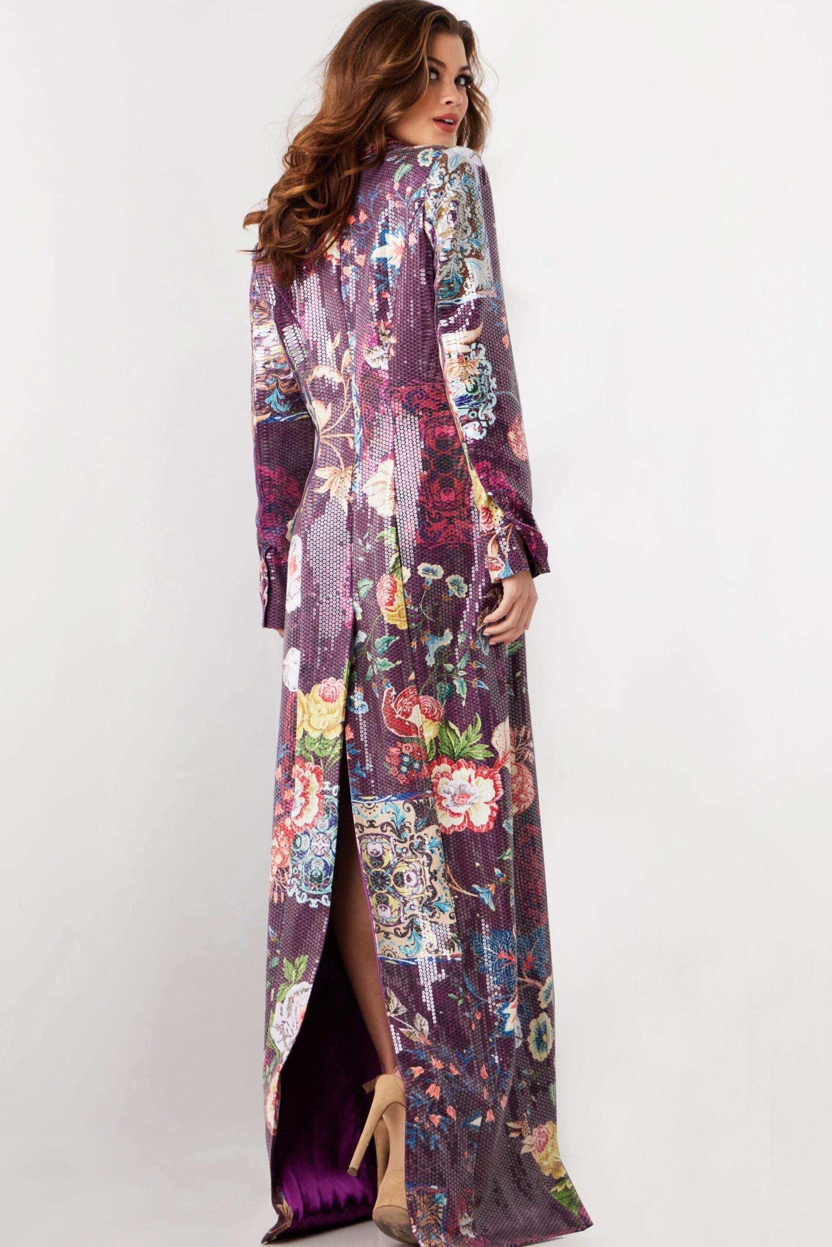 Formal Dresses Long Sleeve Formal Floral Print Sequin Coat Dress Multi