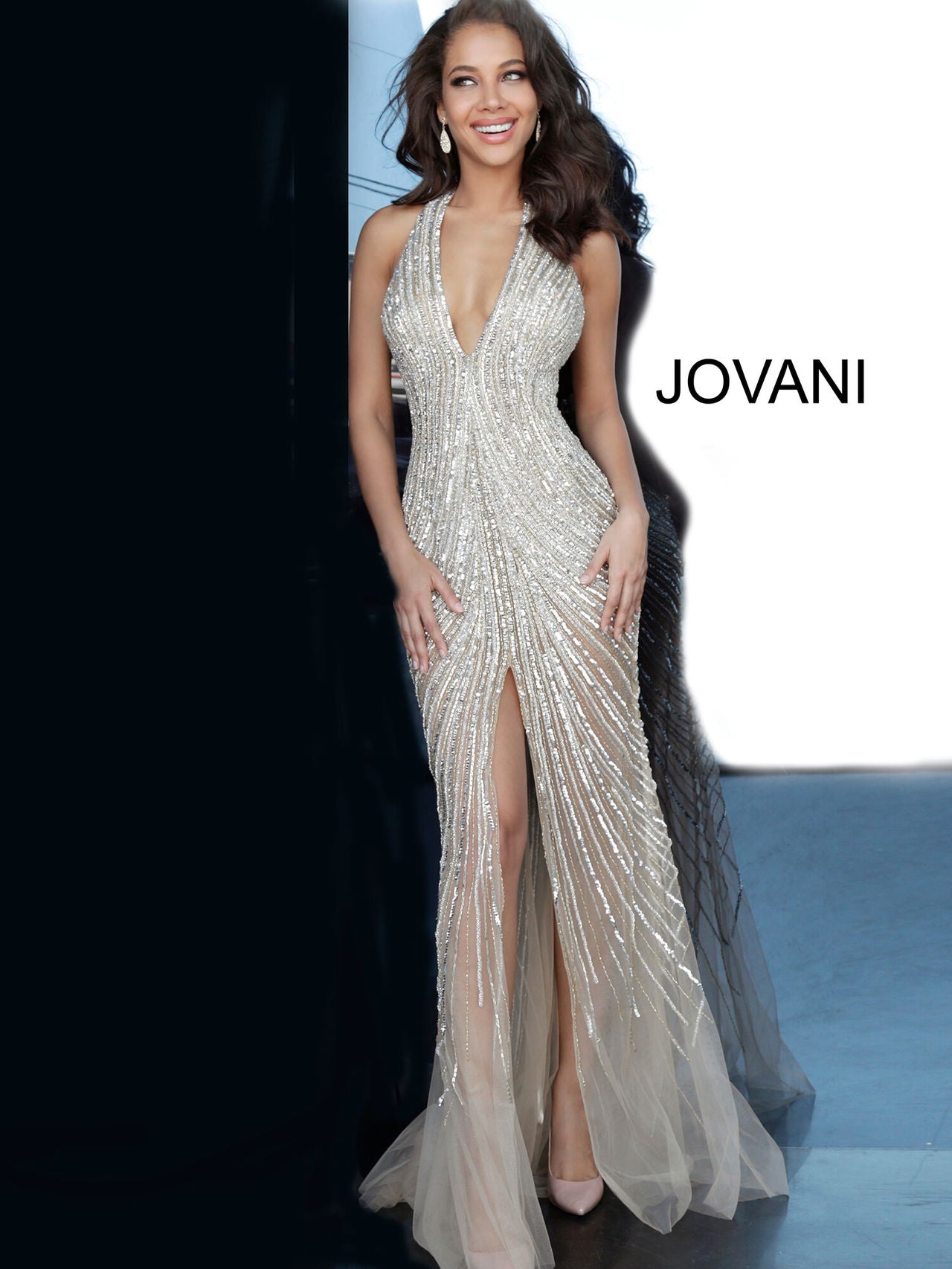 Prom Dresses Long Formal Prom Slit Beaded Dress Nude