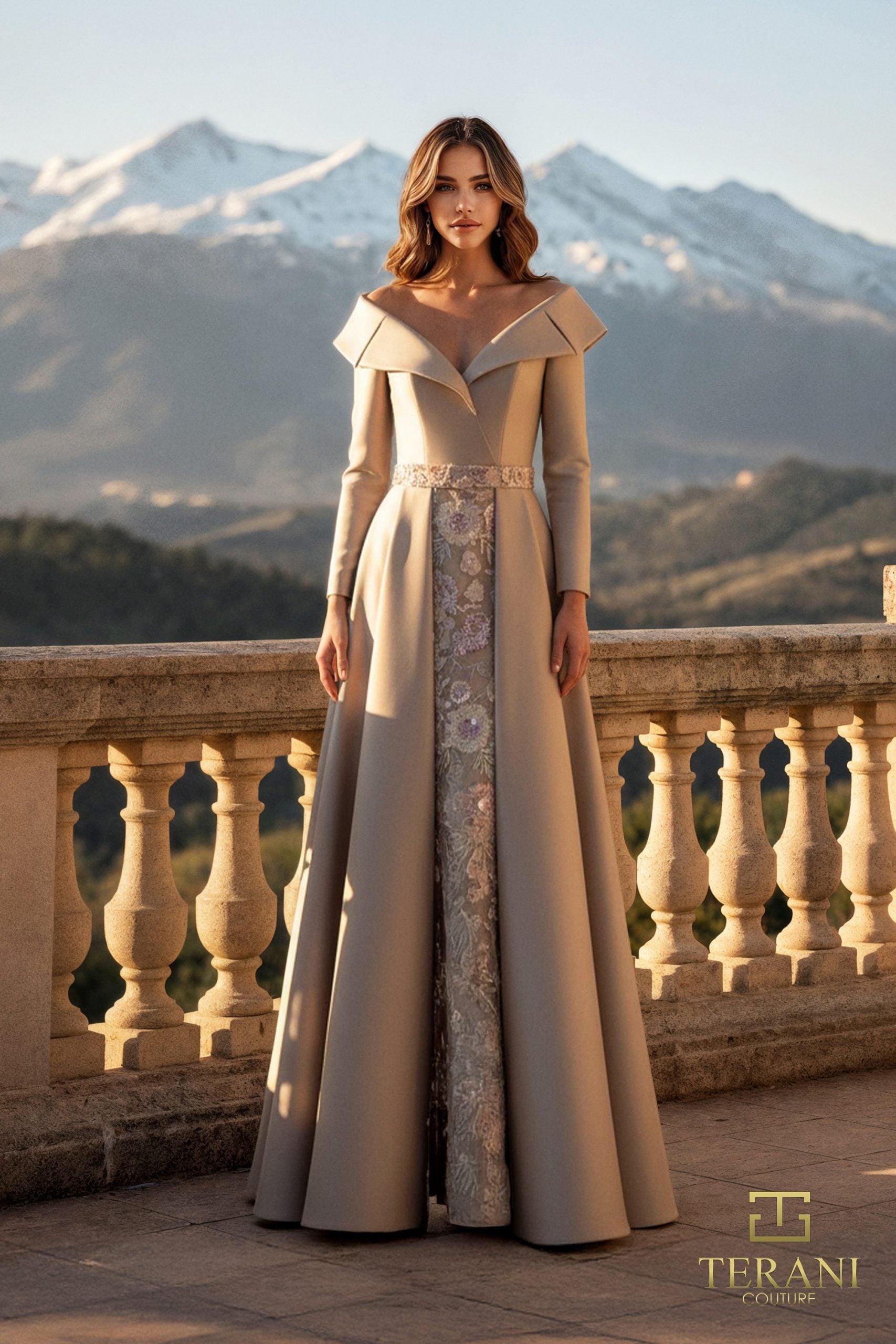 Mother of the Bride Dresses A Line Slit Long Sleeve Mother of the Bride Dress Taupe-Mikado-261M6455-Floral