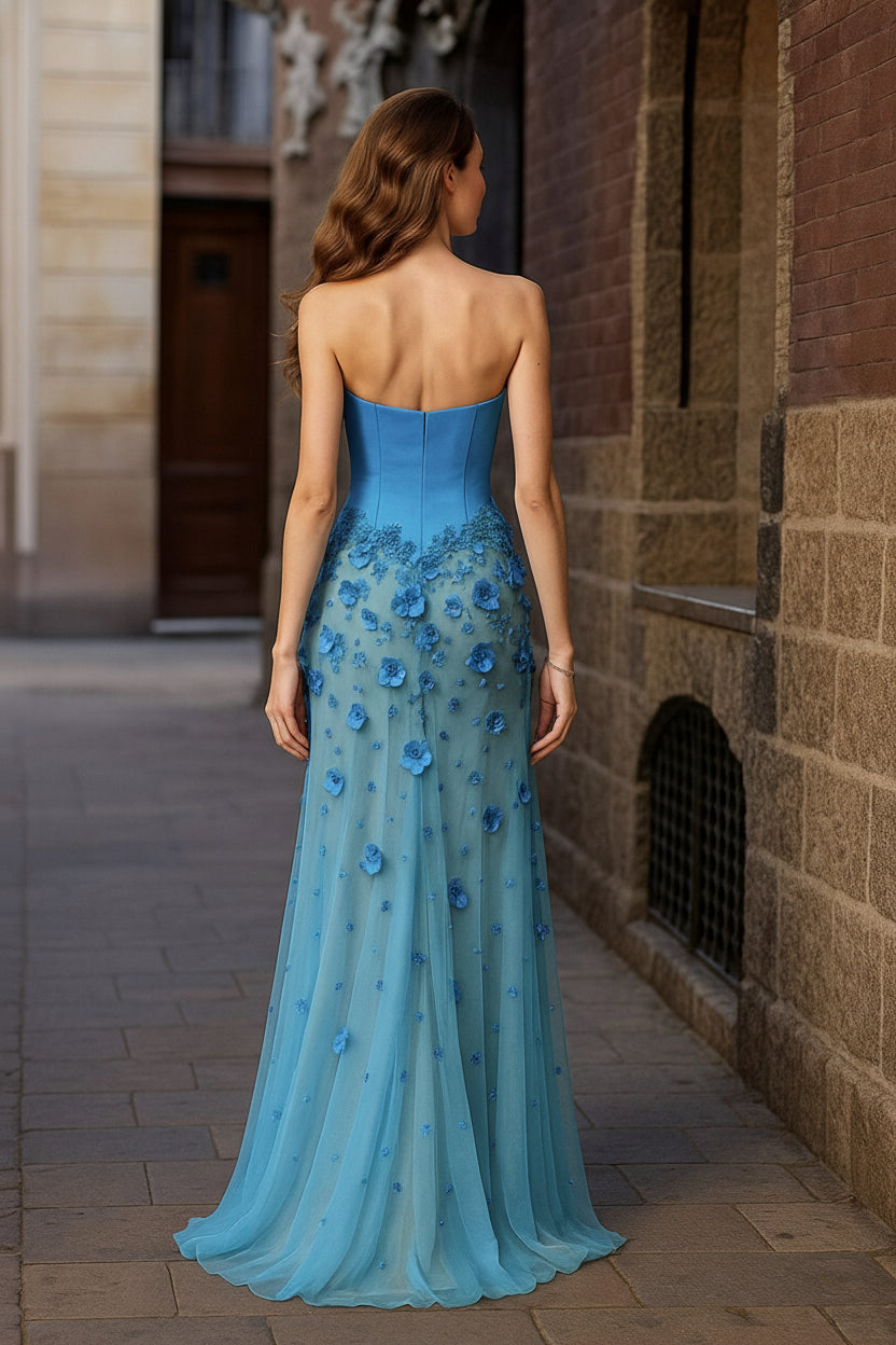 Prom Dresses Long Formal 3D Floral Applique Slit Prom Dress AQUA NUDE