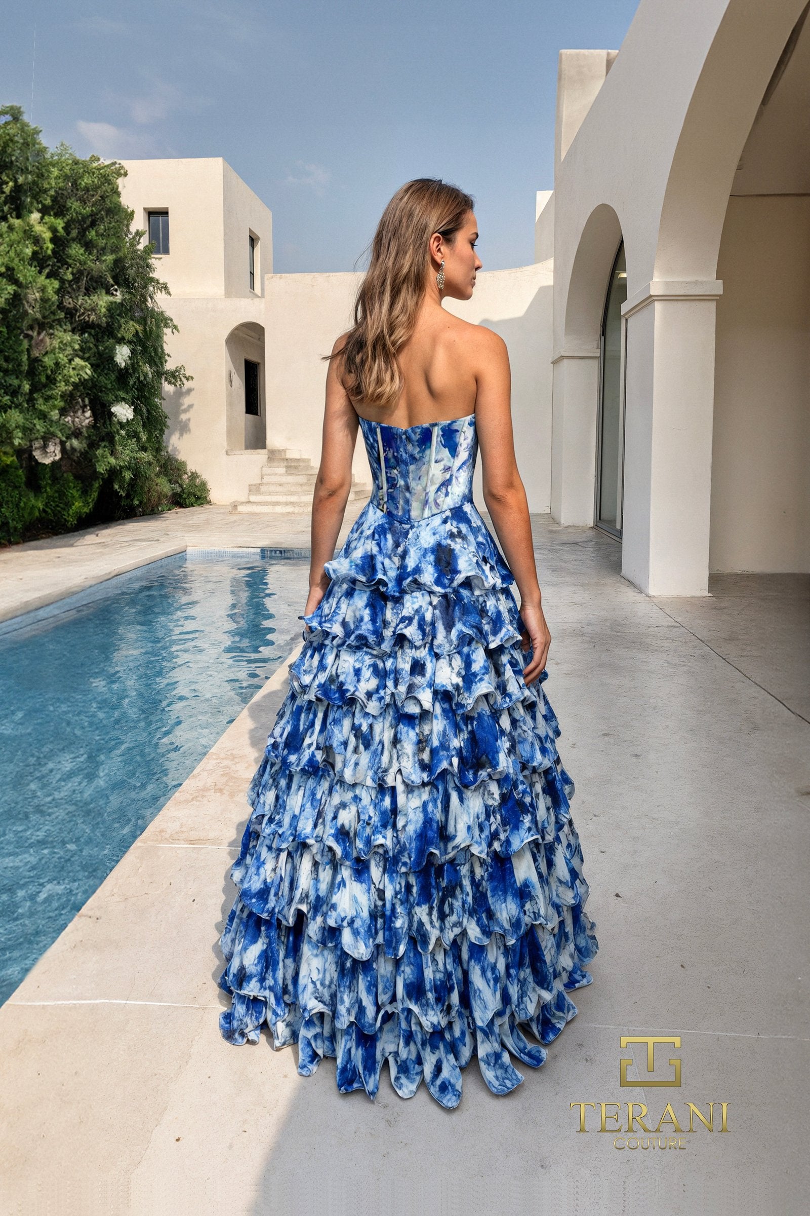 Prom Dresses Long Ball Gown Printed Tiered Prom Dress BLUE MULTI
