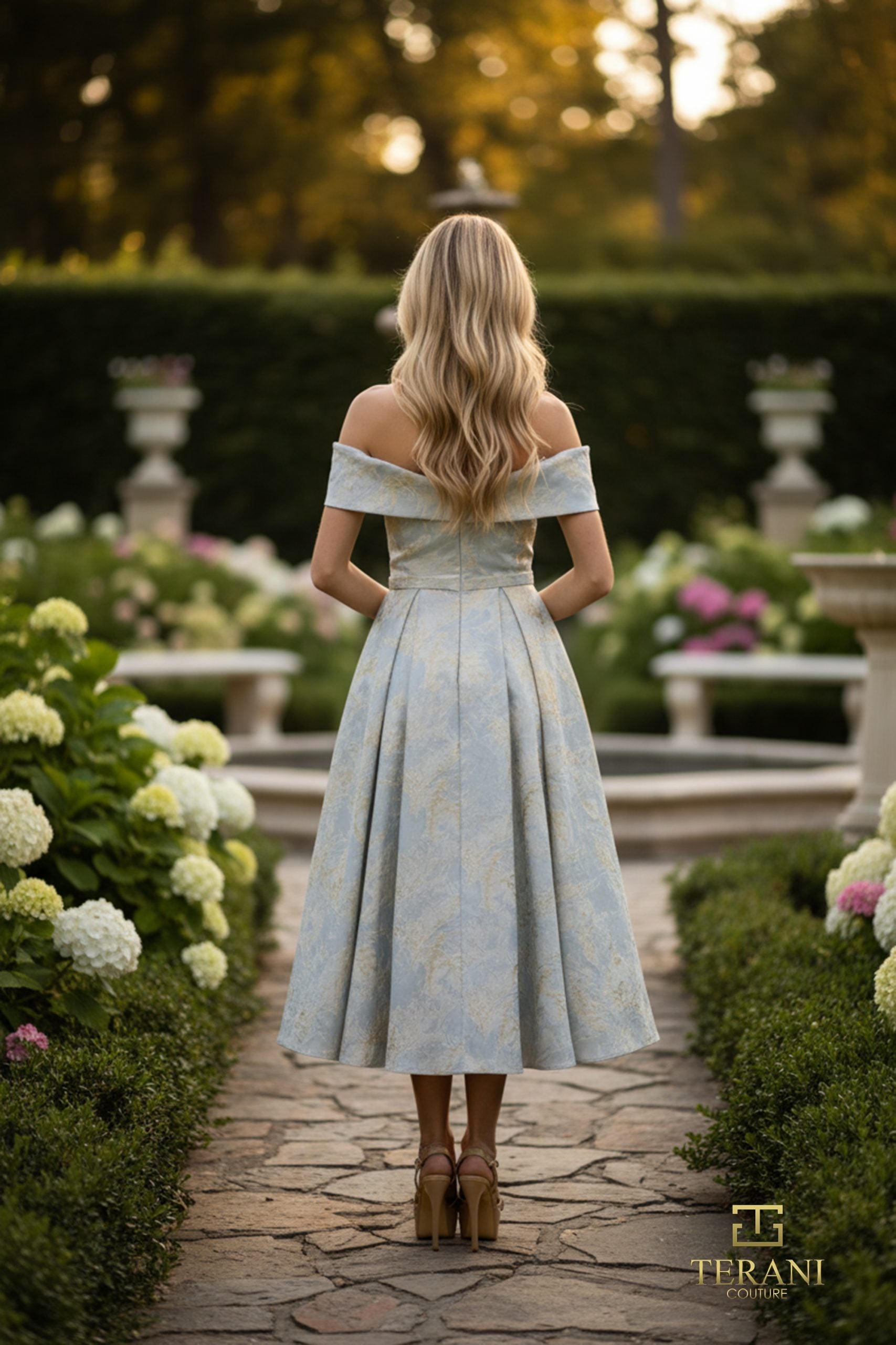 Cocktail Dresses A Line Tea Length Floral Short Cocktail Dress Blue Gold-Jacquard-261C6515-Printed