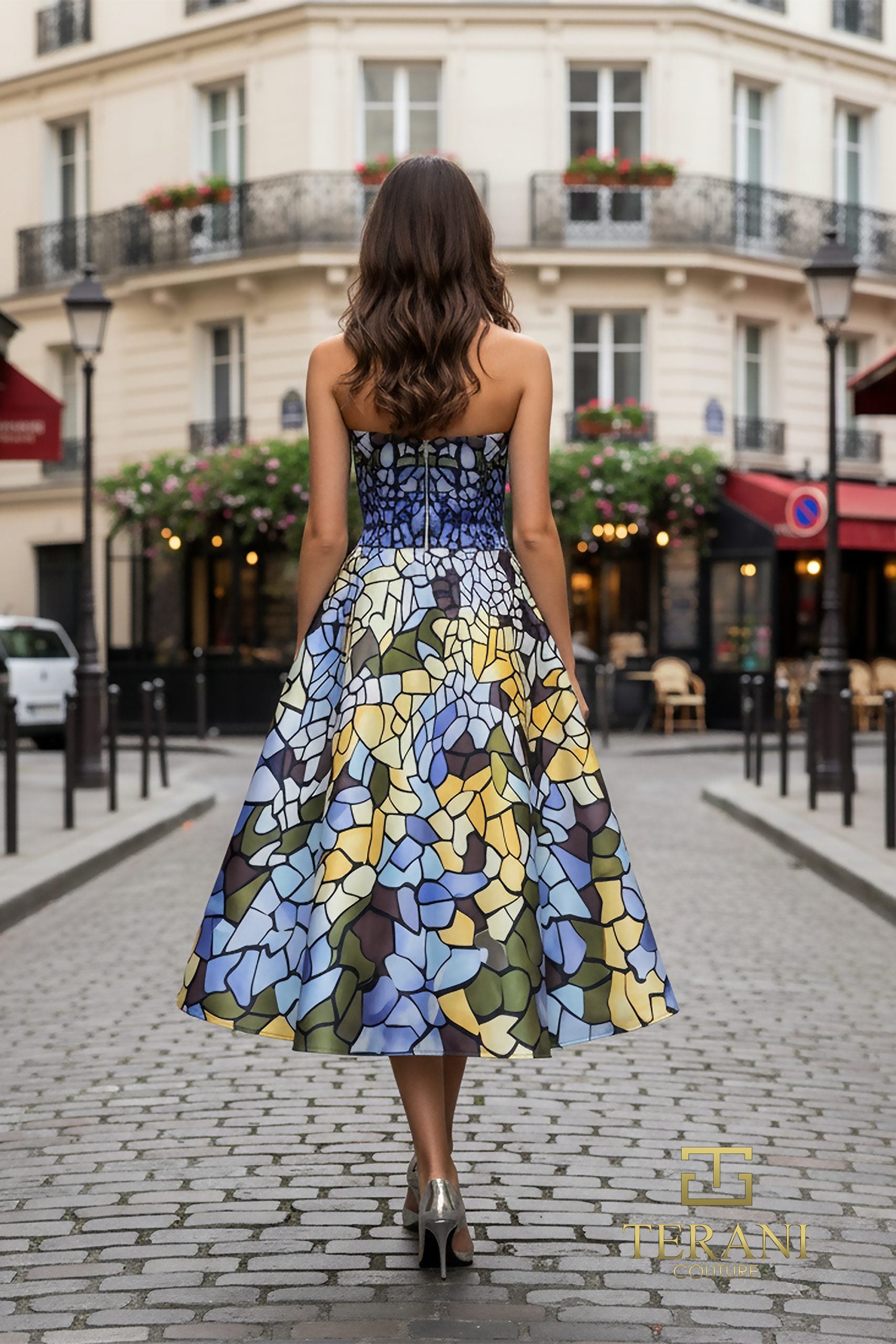 Cocktail Dresses Print Ball Gown Tea Length Cocktail Dress Blue Multi