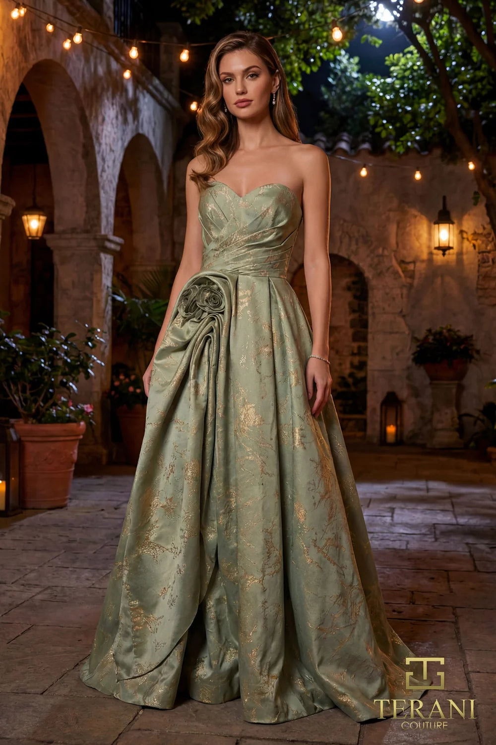 Prom Dresses Long Formal Ball Gown Prom Dress Sage Gold-Jacquard-261E6266-Printed