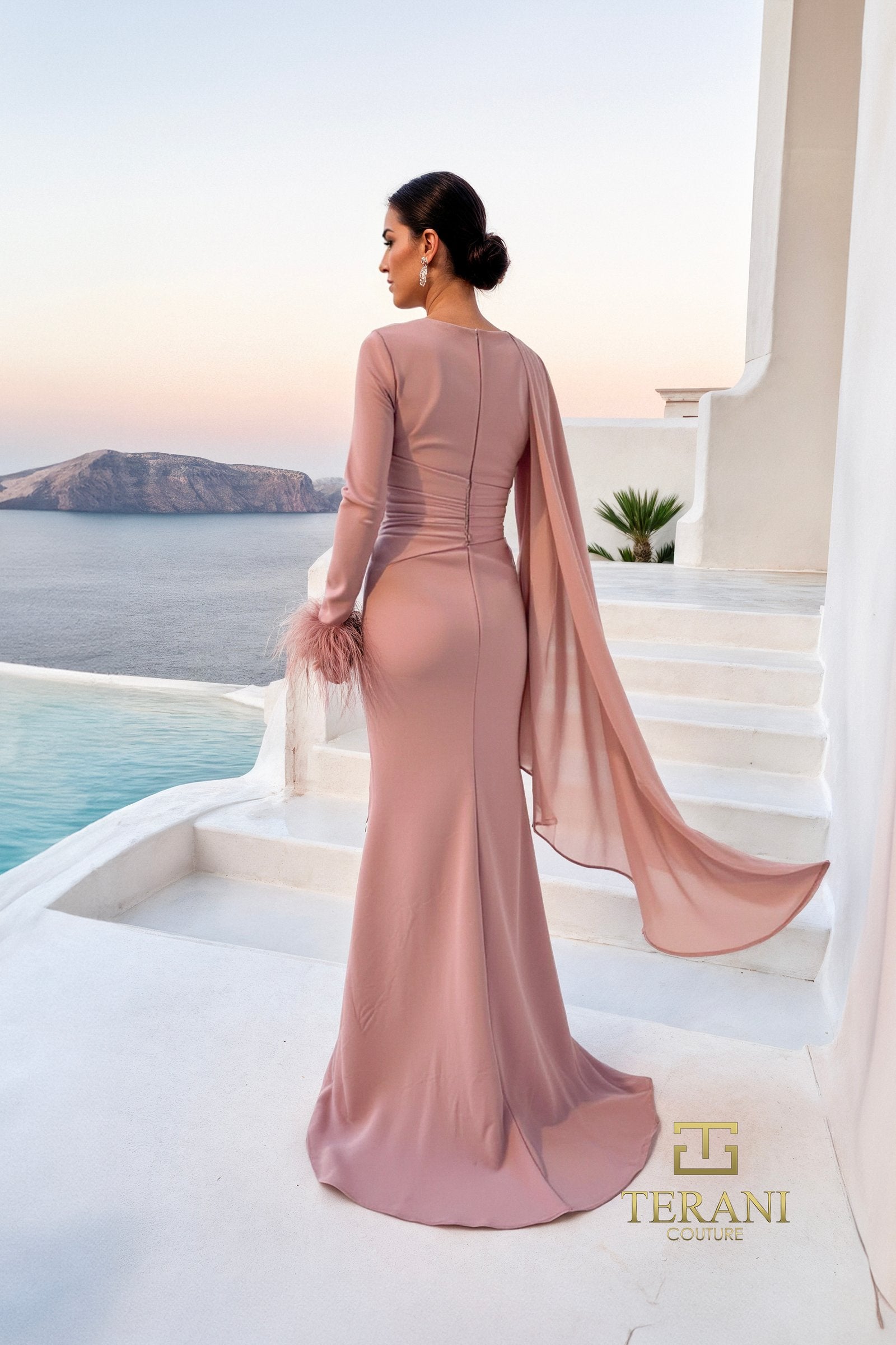 Mother of the Bride Dresses Long Sleeve Formal Evening Mother of the Bride Dress Rose-Chiffon-261M6403-Cape