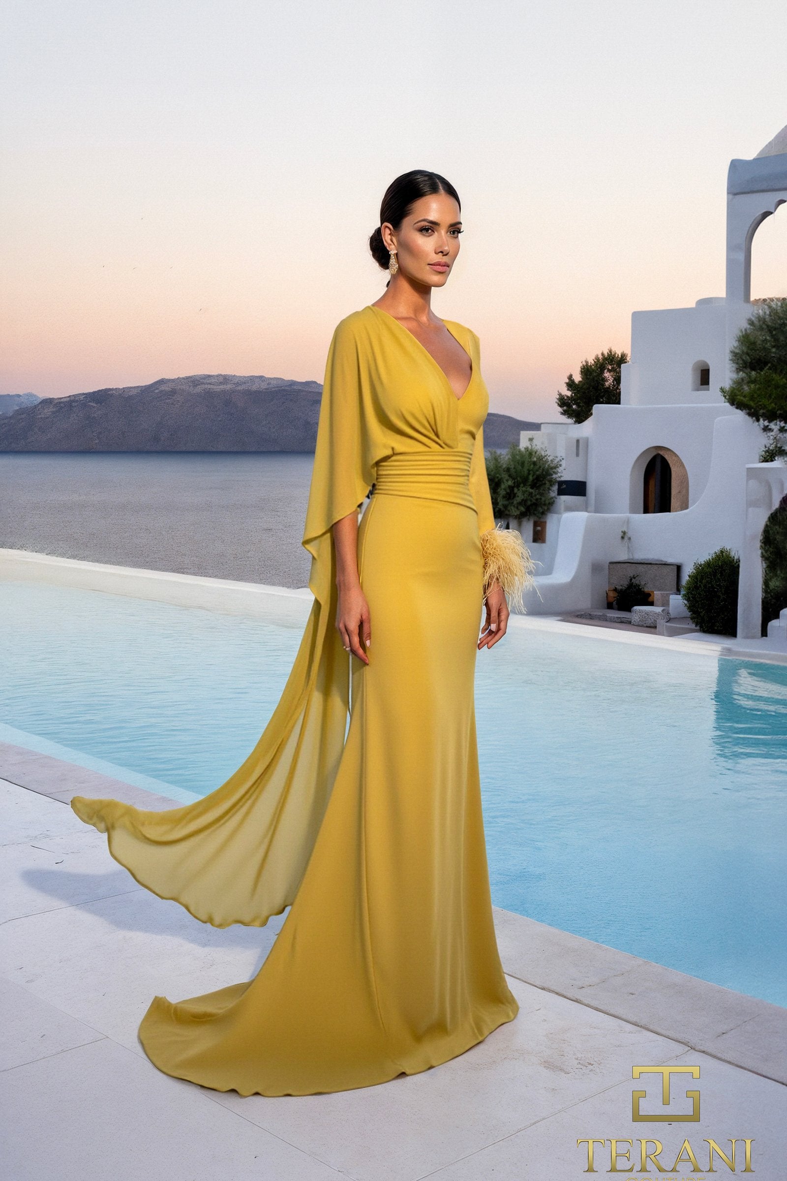 Mother of the Bride Dresses Long Sleeve Formal Evening Mother of the Bride Dress Citrine-Chiffon-261M6403-Cape