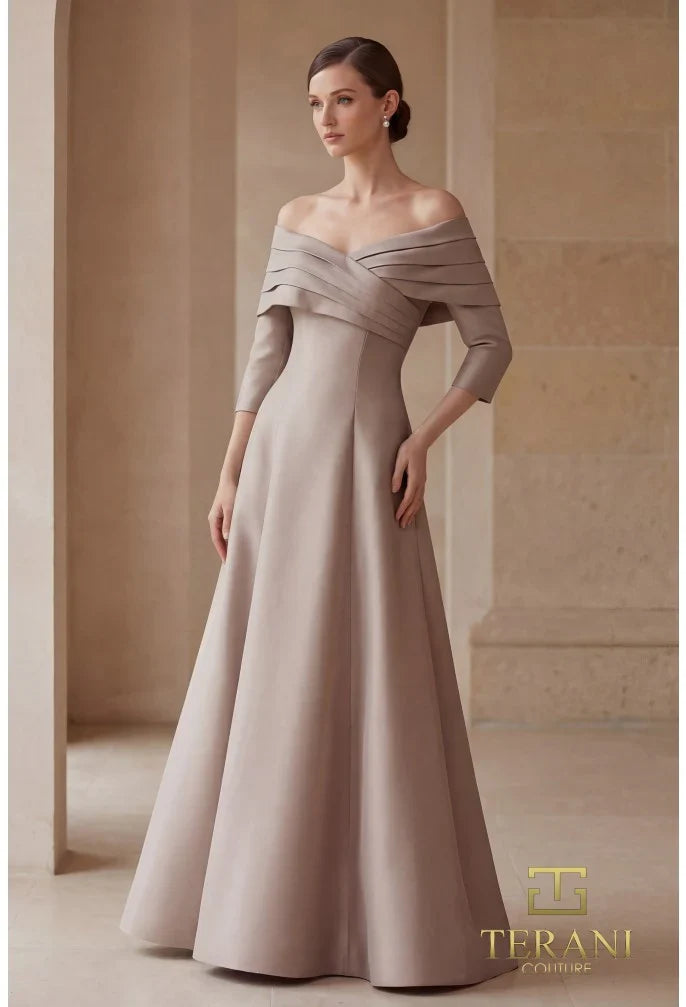 Formal Dresses Long Sleeve A Line Formal Dress Taupe-Mikado-261M6434-Train
