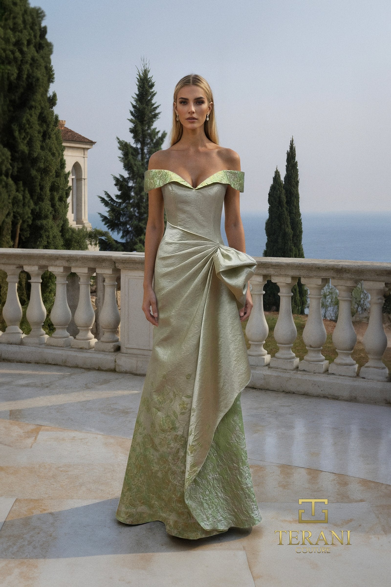 Formal Dresses Evening Long Fitted Formal Dress Silver Light Green-Jacquard-261M6451-Floral