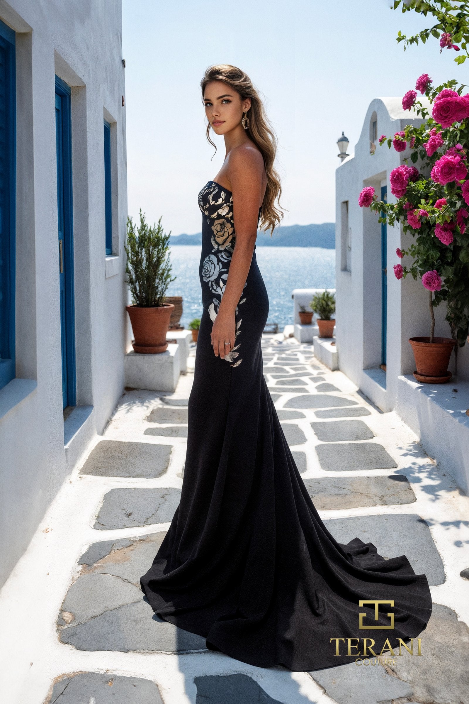 Prom Dresses Long Formal Printed Floral Applique Prom Dress BLACK