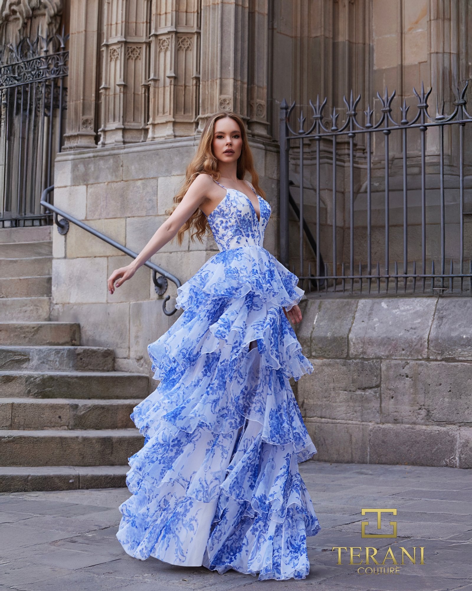 Prom Dresses Printed Ball Gown Tiered High Low Prom Dress BLUE MULTI