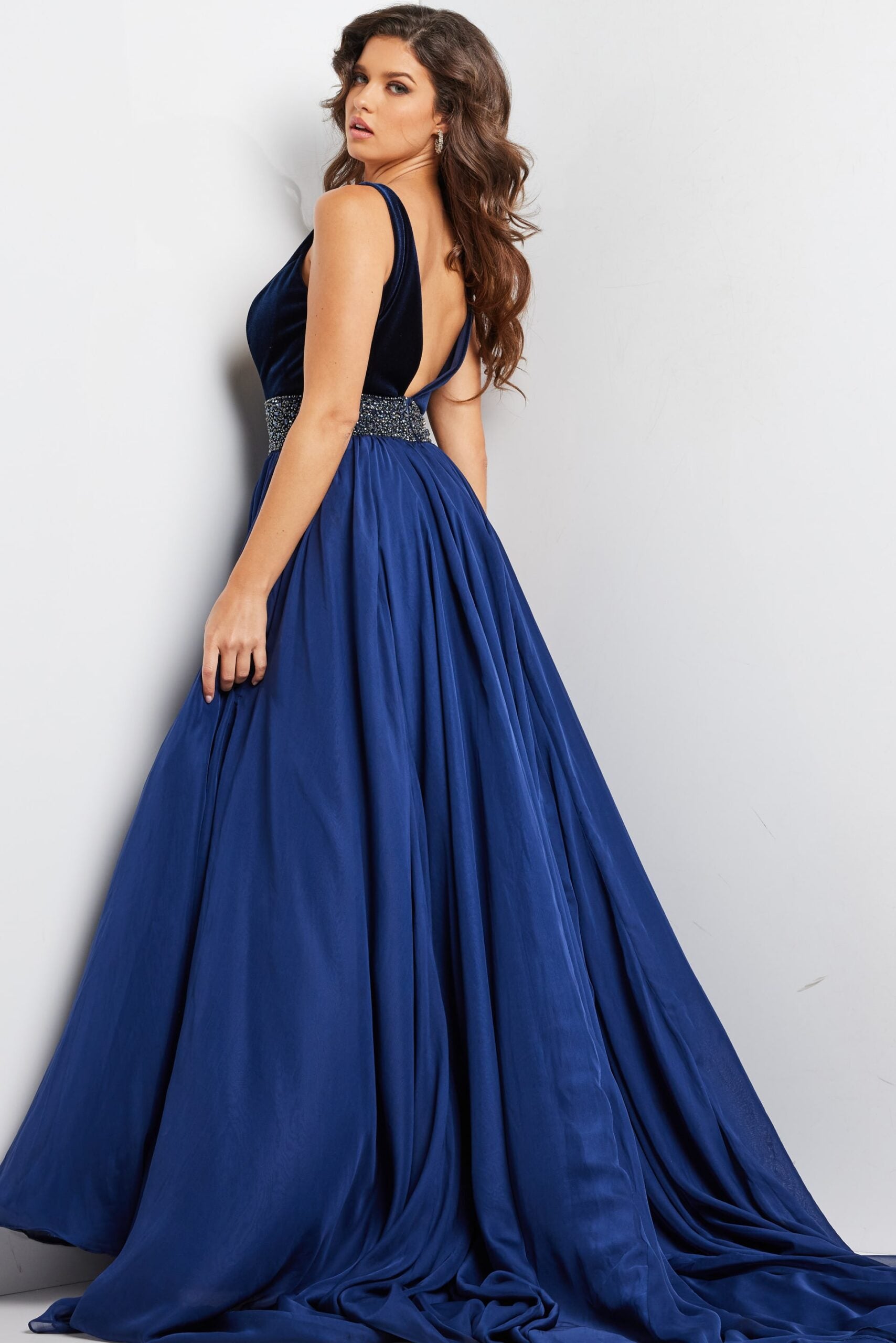 Prom Dresses A Line Long Formal Beaded Velvet Prom Dress Navy
