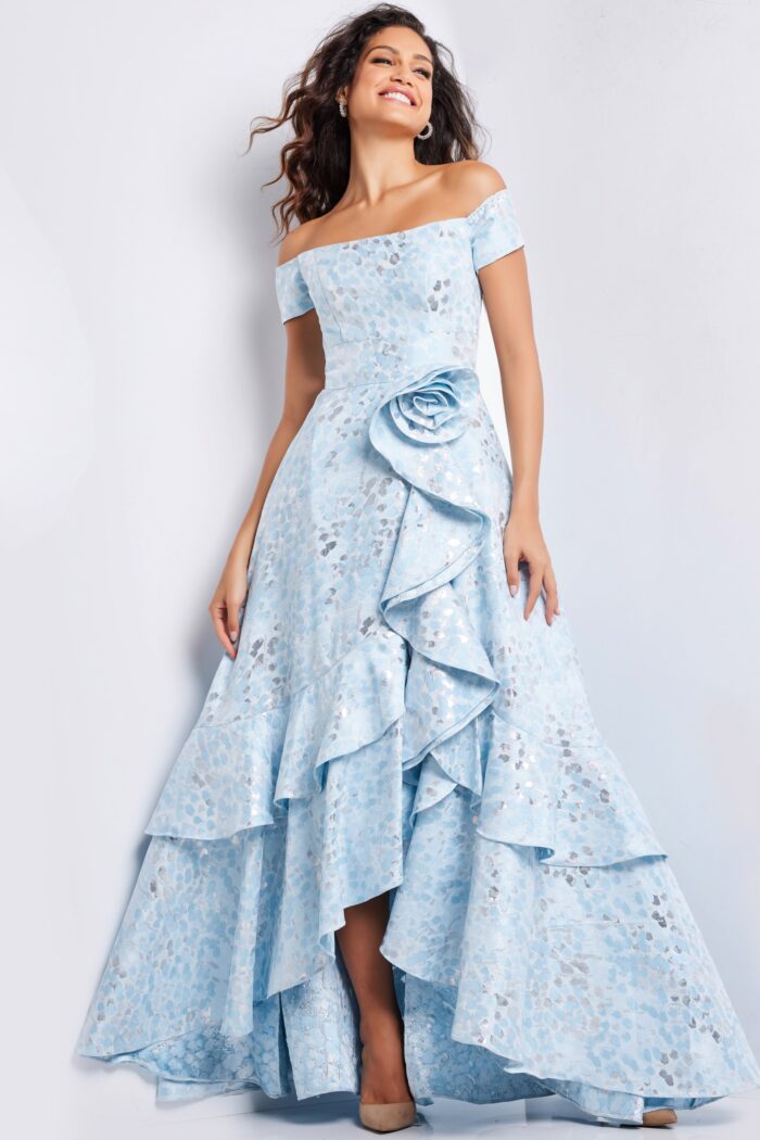 Formal Dresses High Low Formal Printed Layered Evening Dress Light-Blue