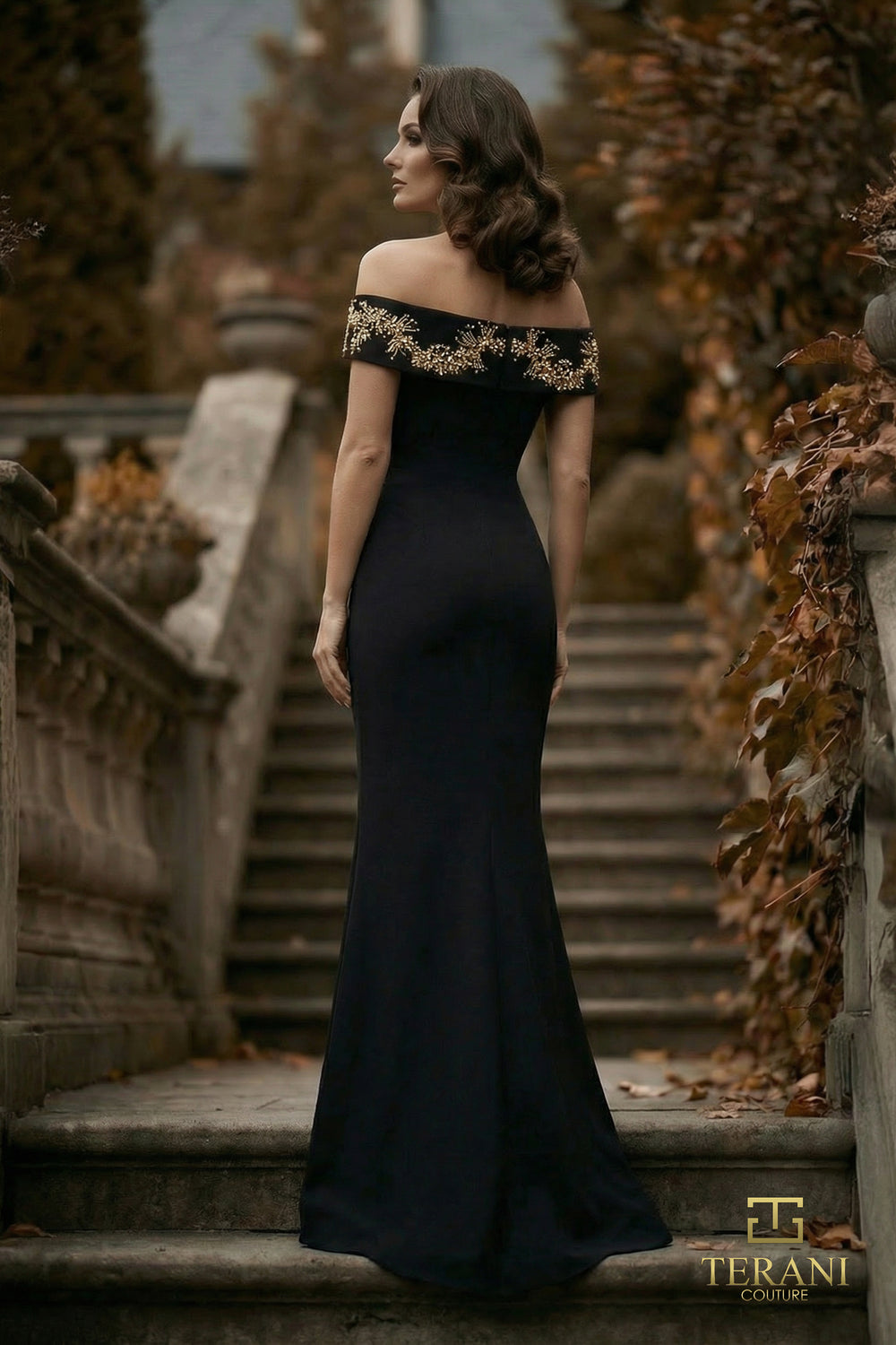 Off-the-Shoulder Floor-Length Crepe Formal Sheath/Column Terani Couture 262E7139