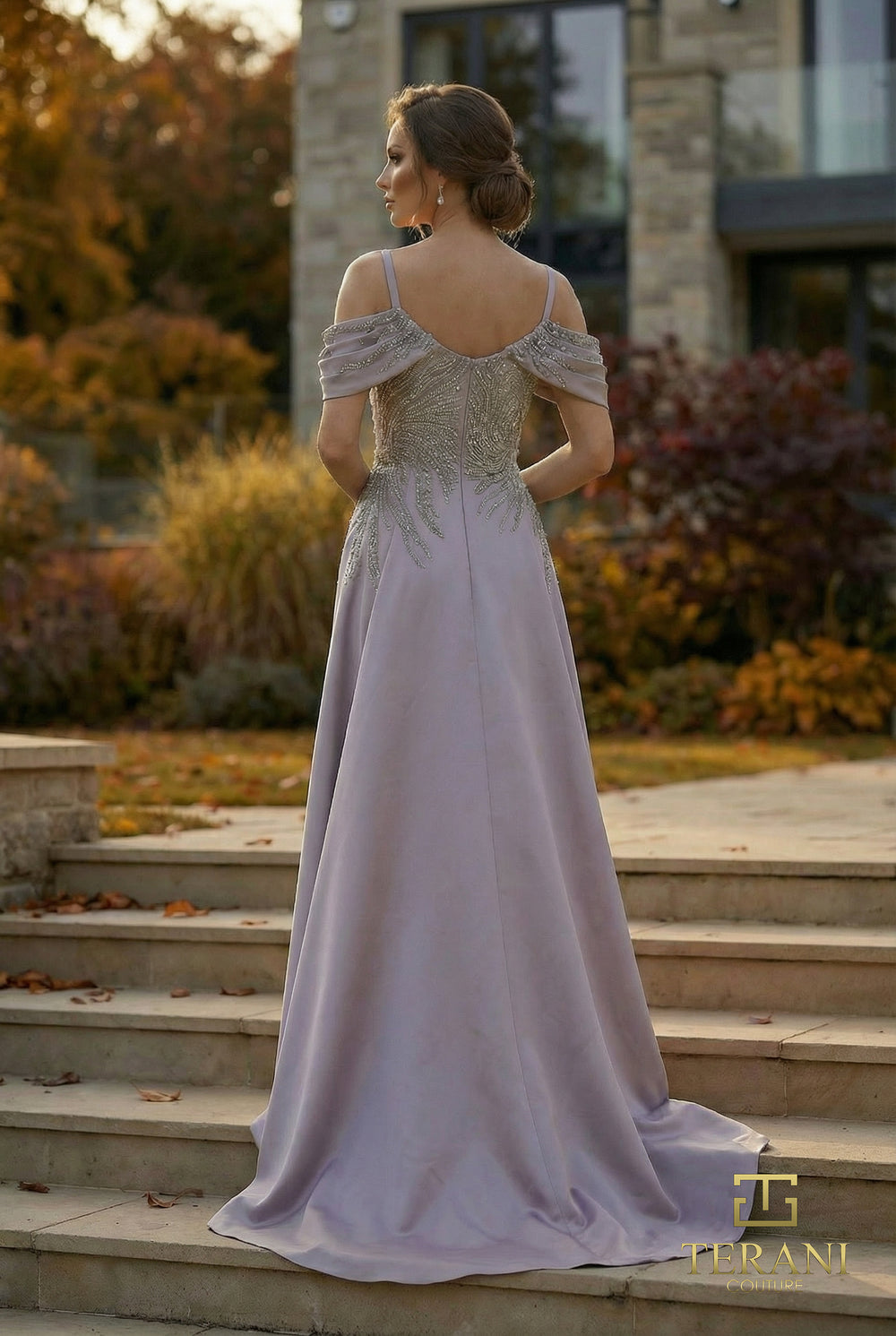 Cold-Shoulder Floor-Length Satin Formal A-Line Terani Couture 262M7286