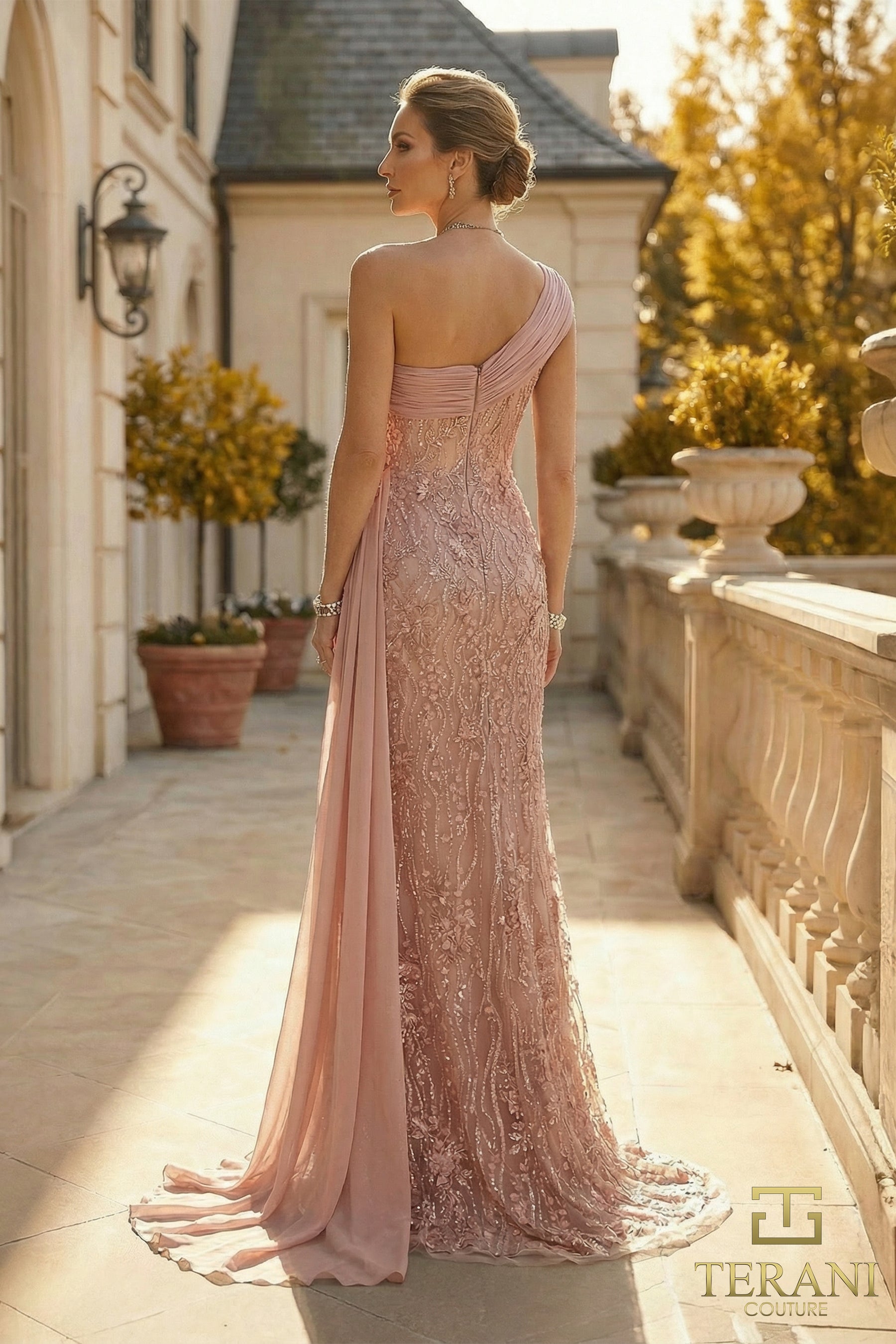 One-Shoulder Floor-Length Lace Formal Sheath Terani 262M7308