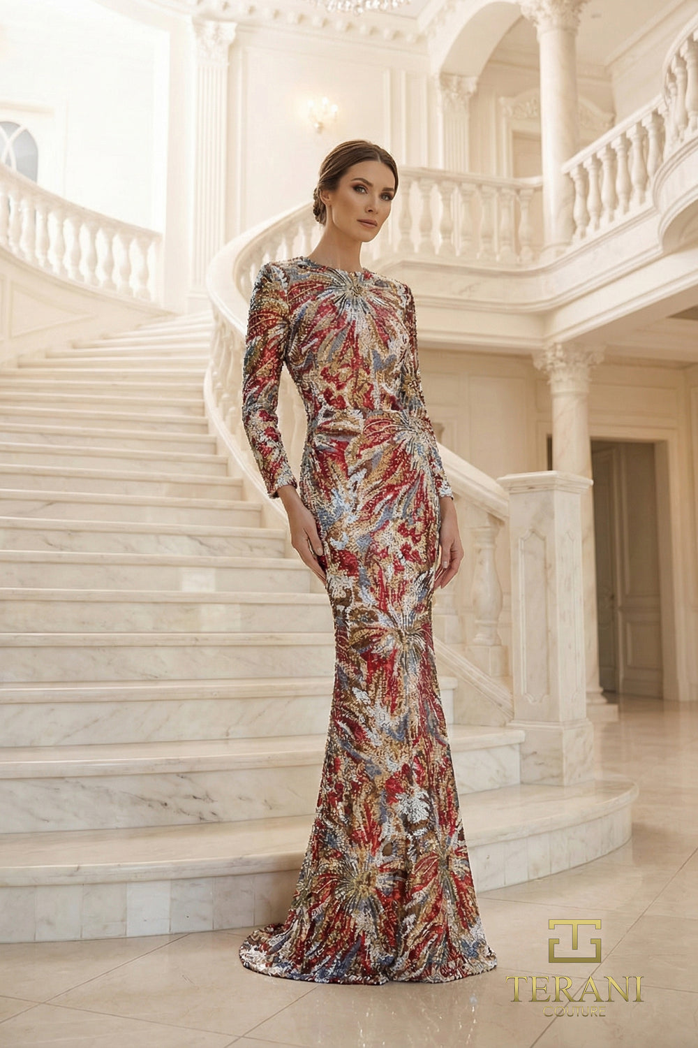 Crew/High-Neck Floor-Length Sequin Formal Sheath Terani Couture 262M7320
