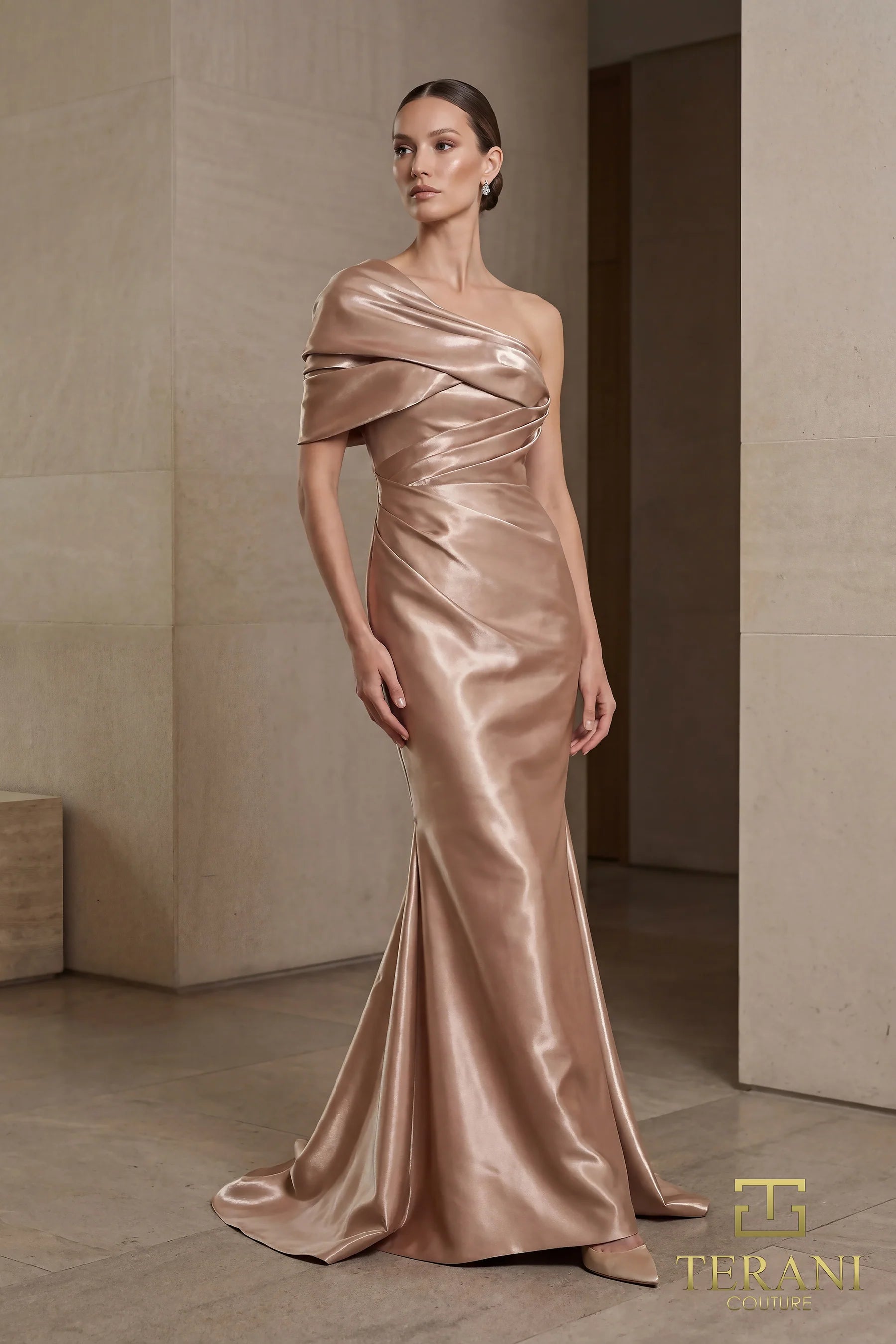 One-Shoulder Floor-Length Satin Formal Mermaid Dress Terani Couture 262E7119