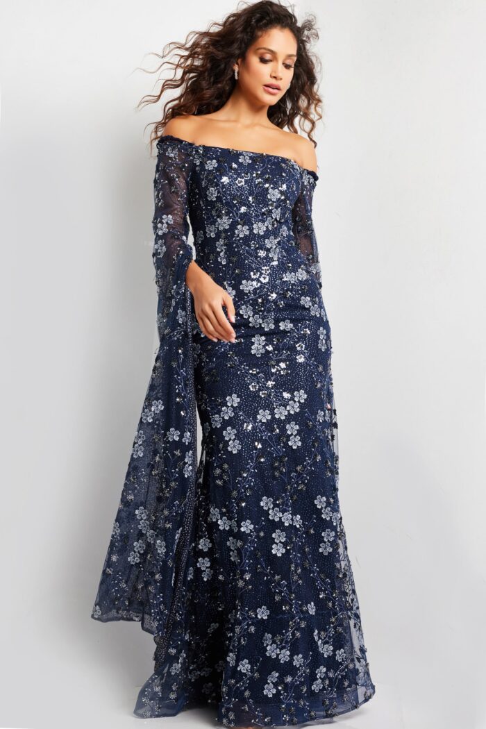 Formal Dresses Long Floral Formal Printed Sequin Evening Dress Navy