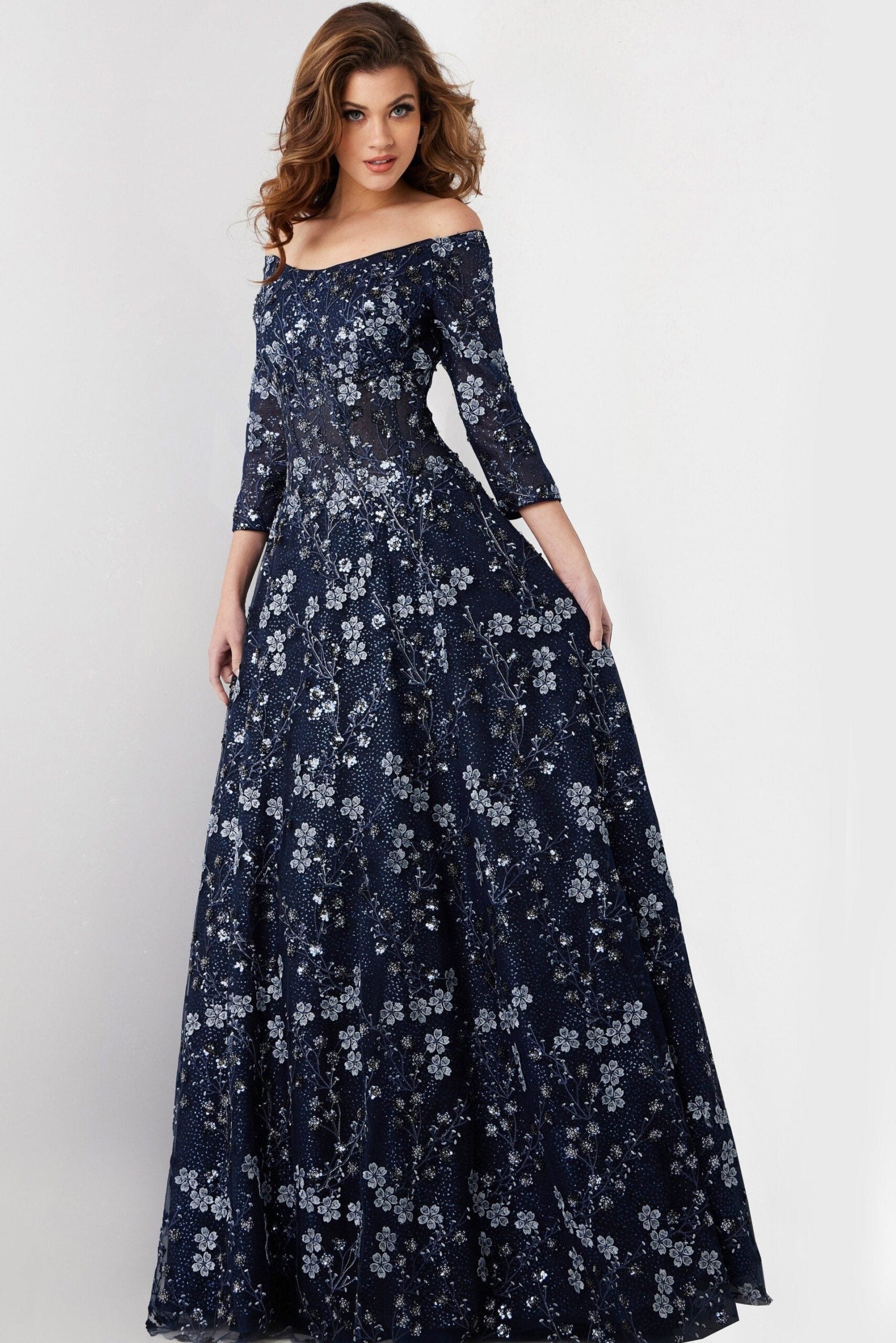 Formal Dresses Long Floral Ball Gown Formal Dress Navy
