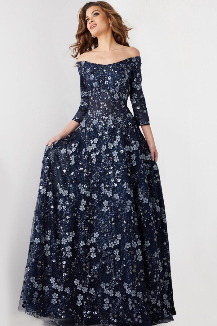 Formal Dresses Long Floral Ball Gown Formal Dress Navy
