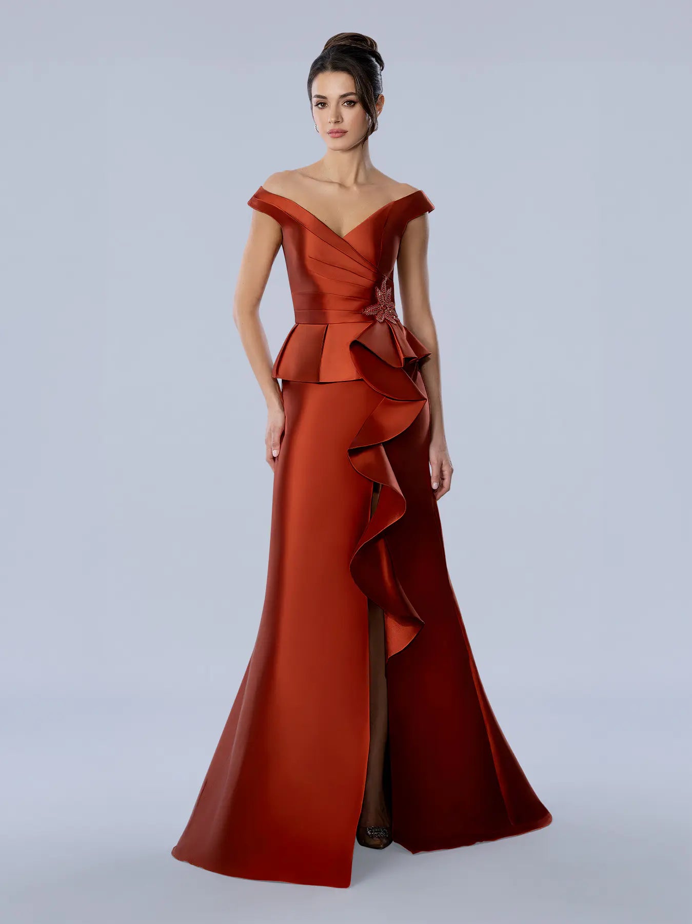 Copper Off-the-Shoulder Floor-Length Satin Peplum Formal Dress with Ruffle Detail Stella Couture 26352