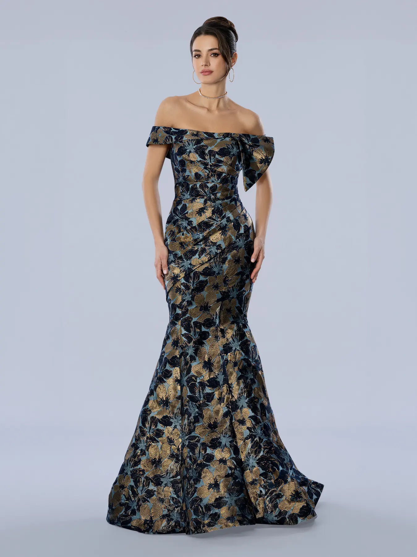 Navy Off-the-Shoulder Floor-Length Floral Brocade Prom Trumpet Gown Stella Couture 26354