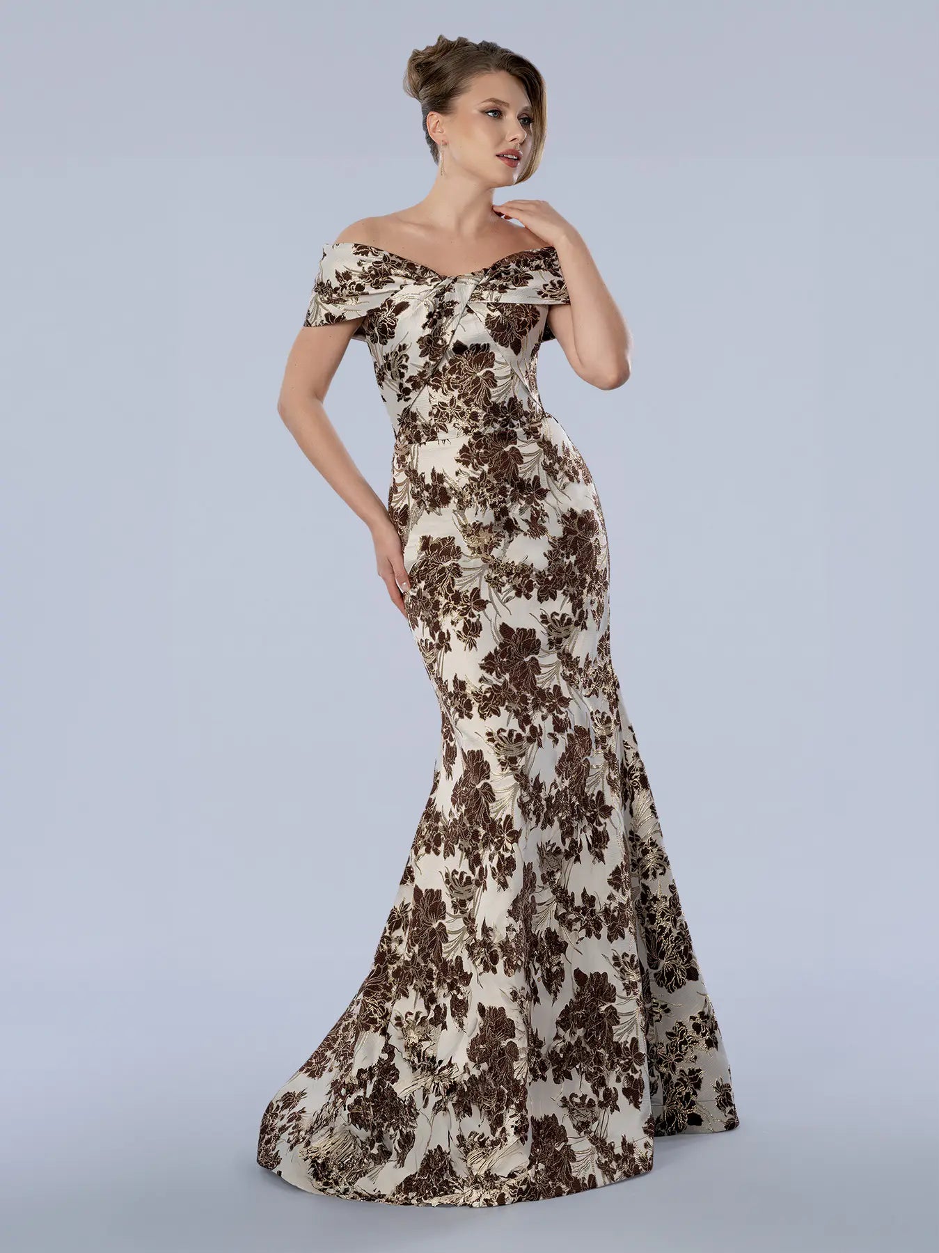 Copper Off-the-Shoulder Floor-Length Floral Brocade Trumpet Evening Gown Stella Couture 26359
