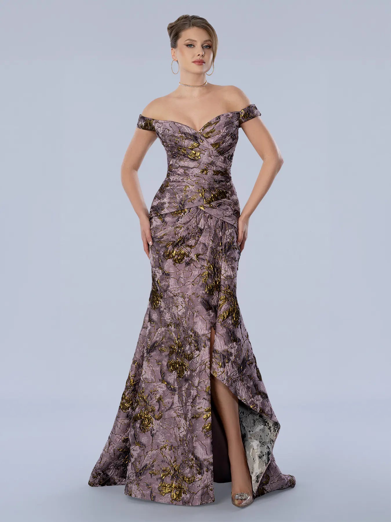 Mauve Off-the-Shoulder Floor-Length Floral Brocade Formal Gown with Front Slit Stella Couture 26361