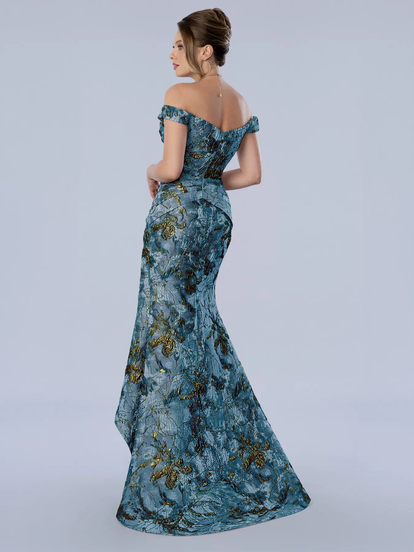 Green Off-the-Shoulder Floor-Length Floral Brocade Formal Gown with Front Slit Stella Couture 26361
