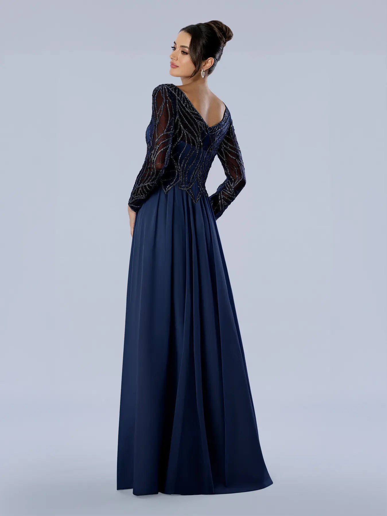 Navy V-Neck Floor-Length Chiffon Long Sleeve Formal A-Line Gown Stella Couture 26364