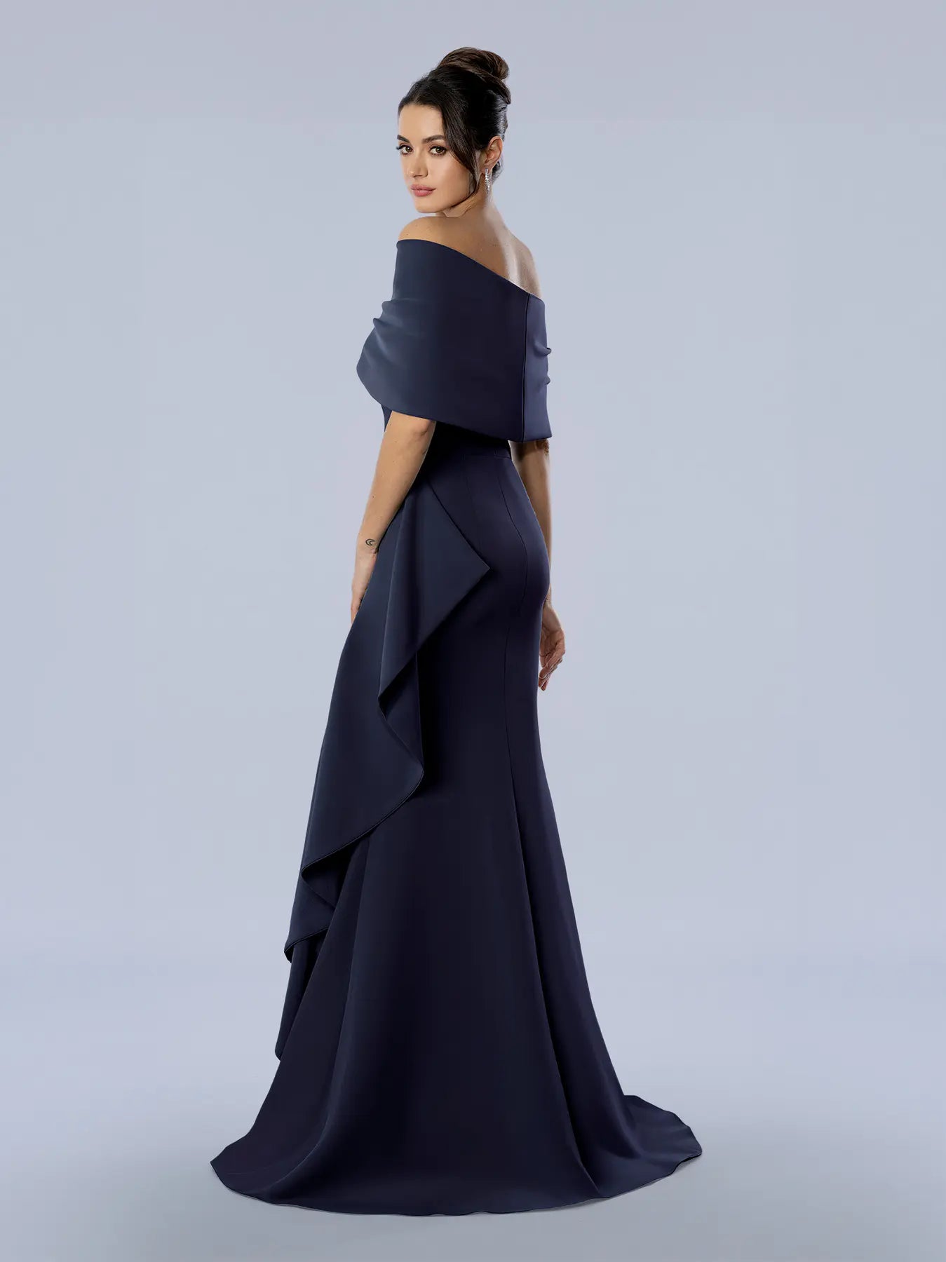 Navy Off-the-Shoulder Floor-Length Scuba Formal Gown with Cascading Side Ruffle Stella Couture 26372