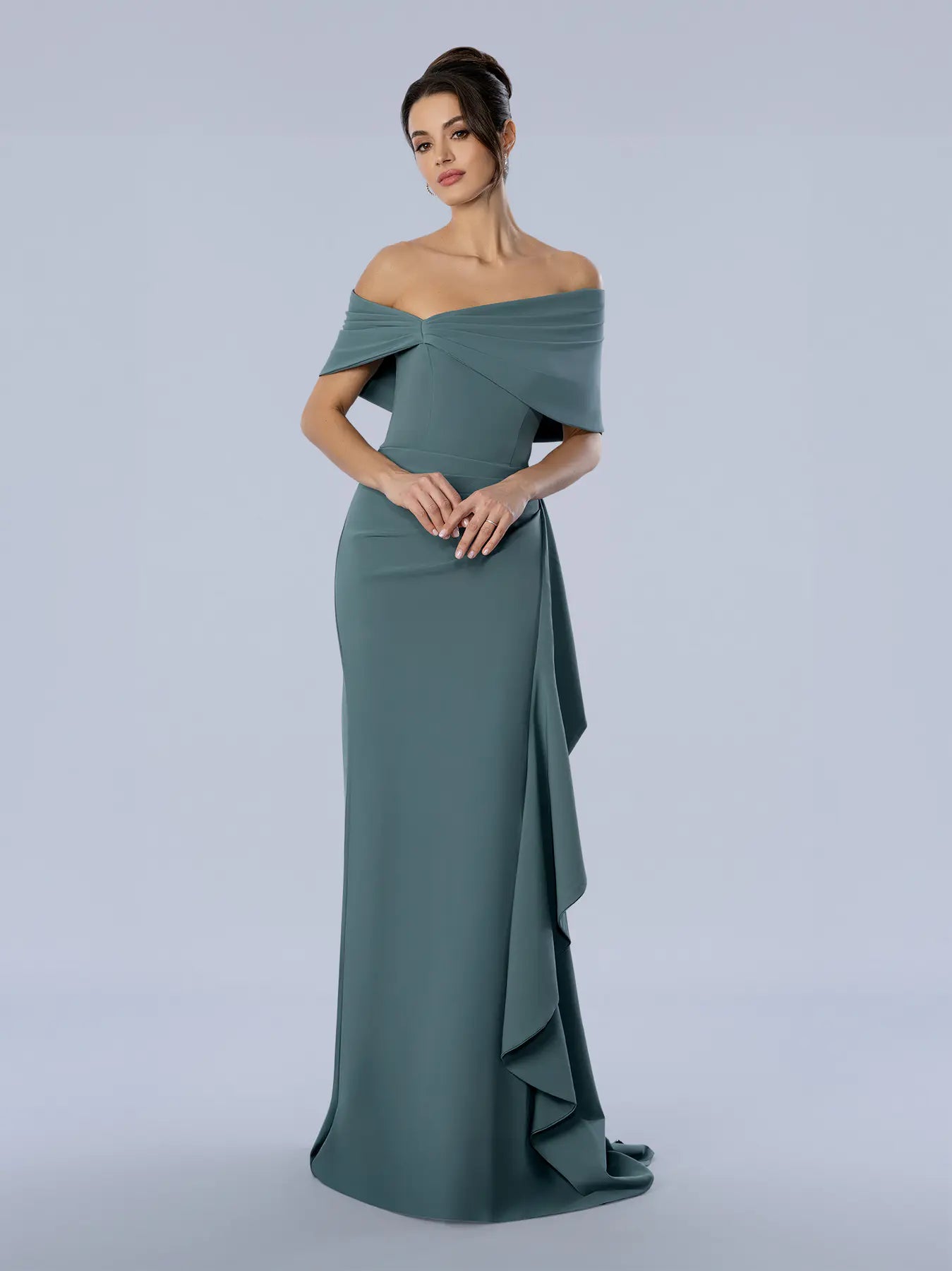 Sage Green Off-the-Shoulder Floor-Length Scuba Formal Gown with Cascading Side Ruffle Stella Couture 26372