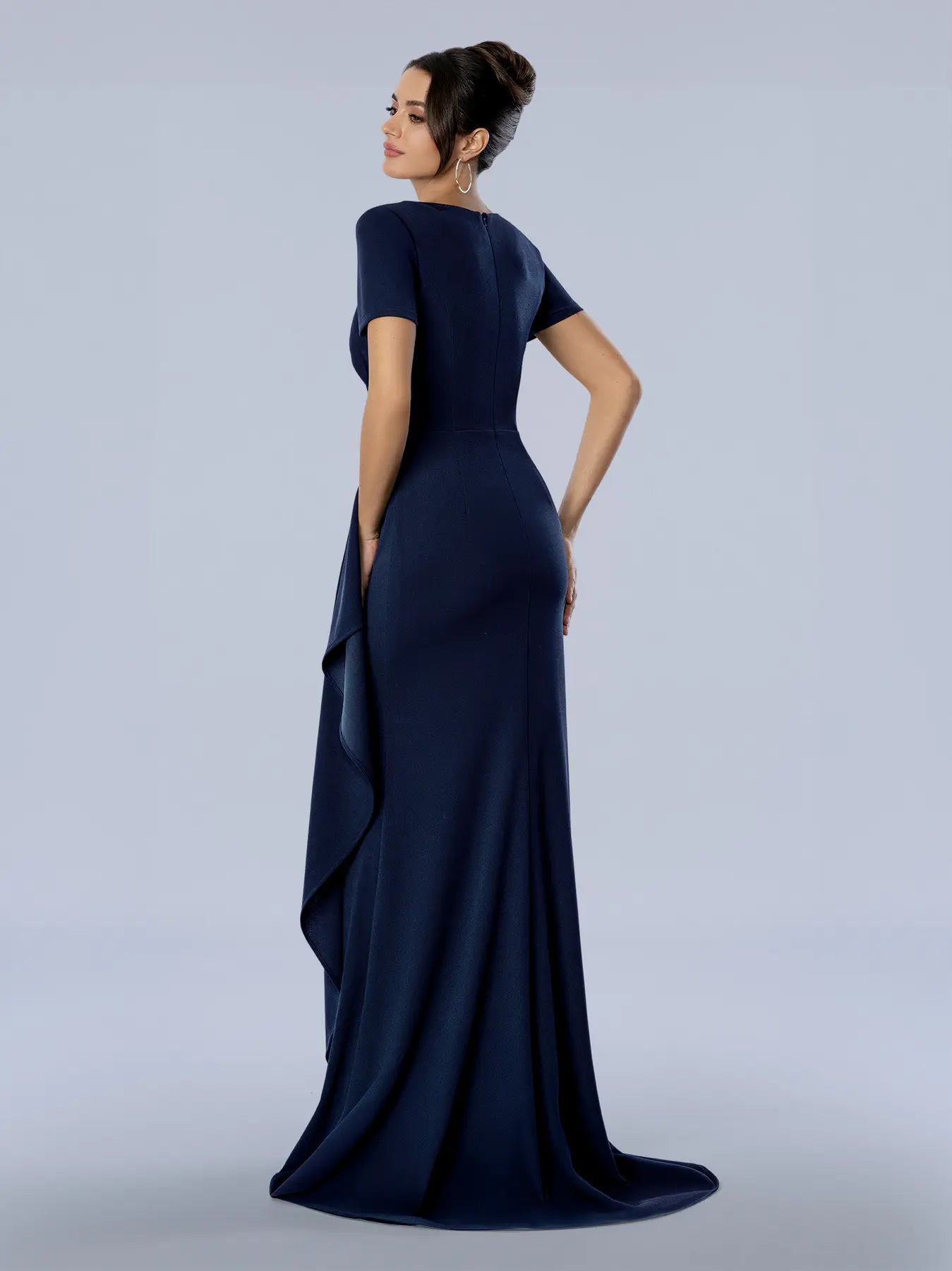 Navy Sweetheart Floor-Length Crepe Formal Gown with Cascading Side Ruffle Stella Stella Couture 26376