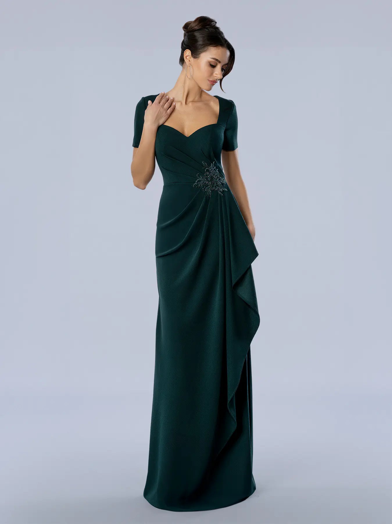 Emerald Green Sweetheart Floor-Length Crepe Formal Gown with Cascading Side Ruffle Stella Stella Couture 26376