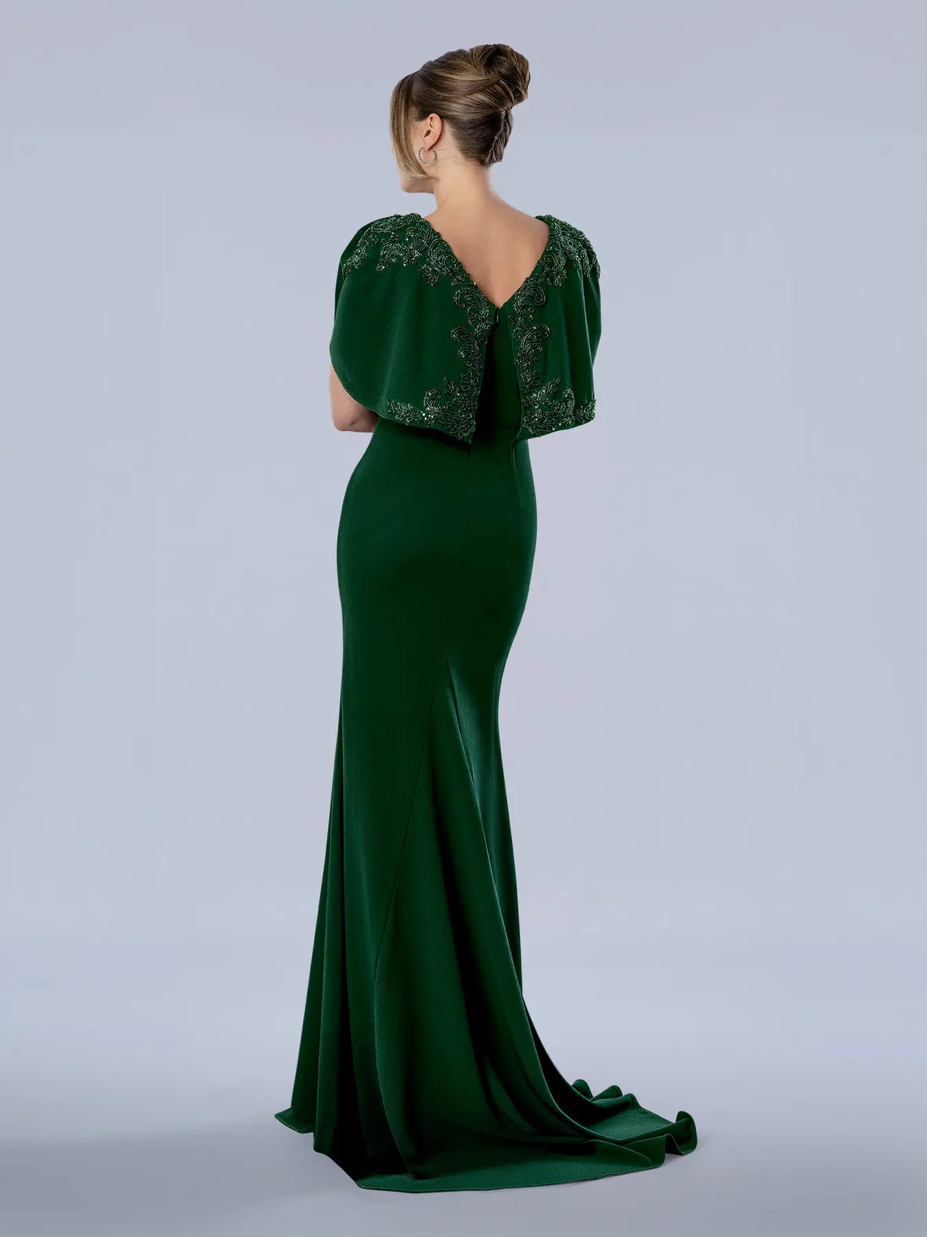 Emerald Green V-Neck Floor-Length Jersey Formal Gown with Beaded Cape Sleeves Stella Couture 26377
