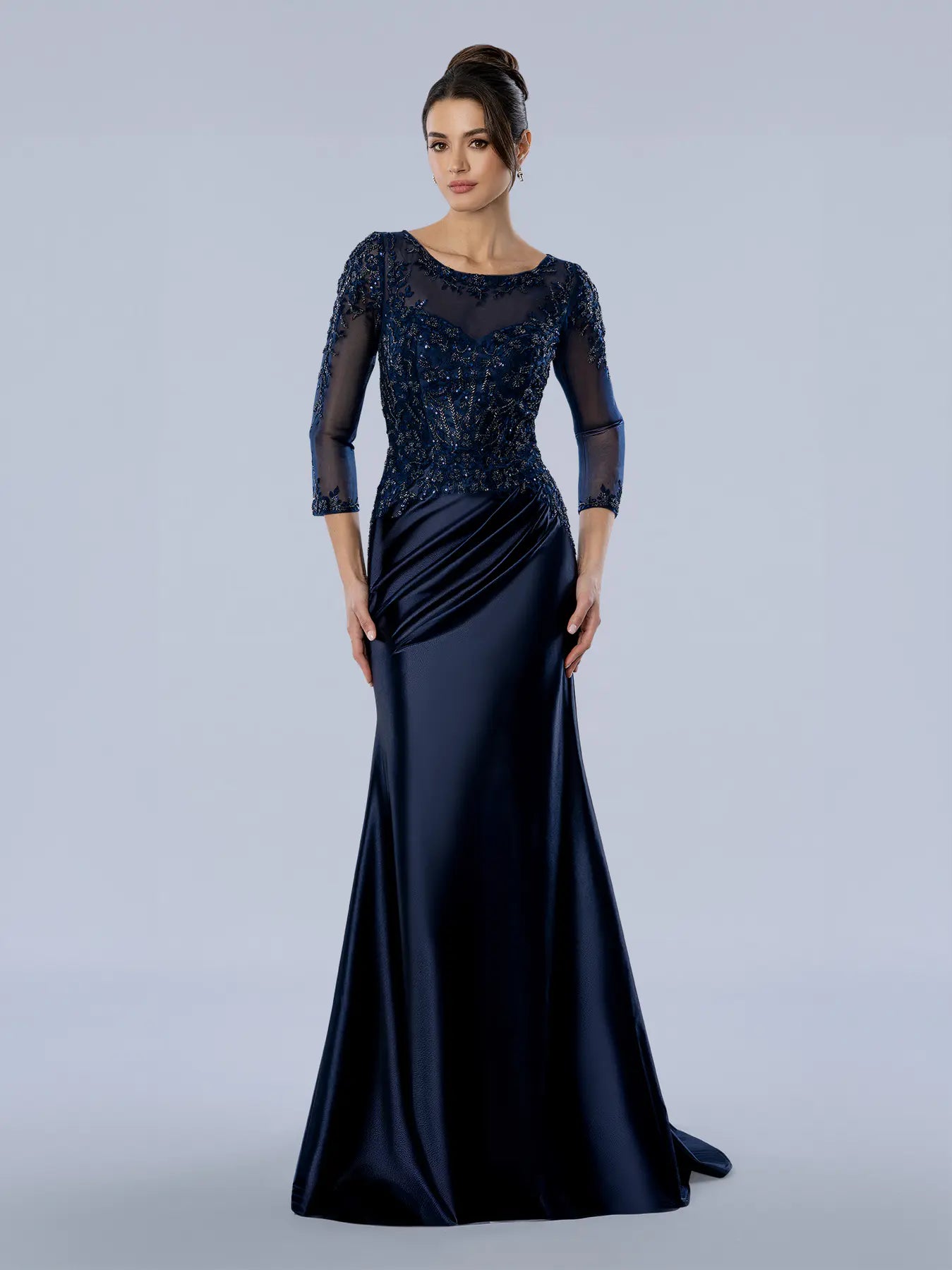 Navy Off-the-Shoulder Floor-Length Jersey Formal Gown with Beaded Bodice Stella Couture 26380