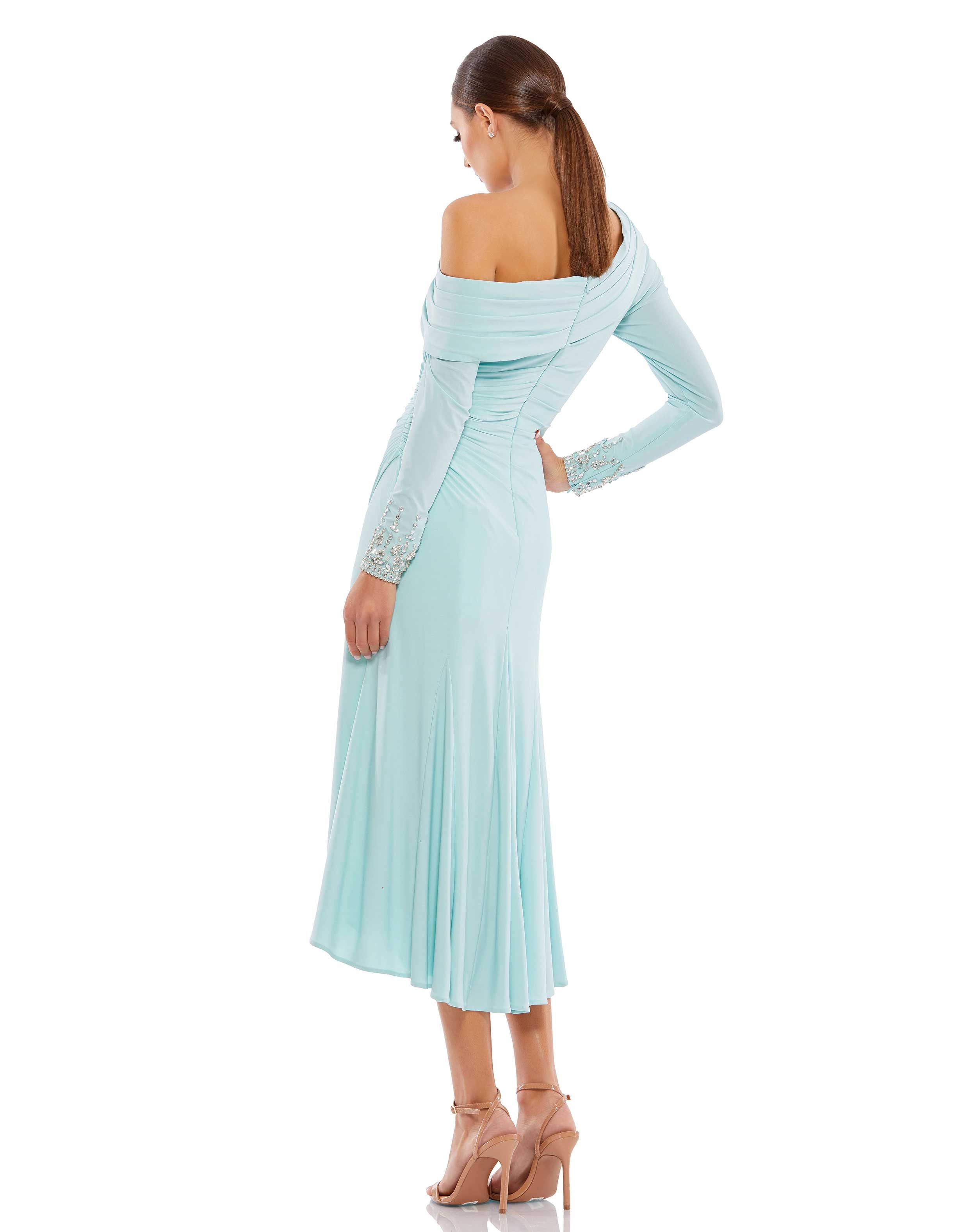 Cocktail Dresses Long Sleeve Jeweled Cocktail Midi Dress Powder Blue
